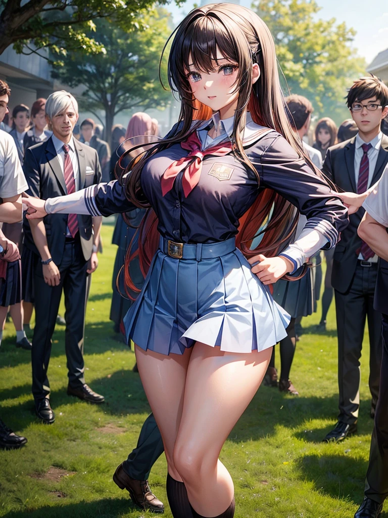 Anime girl character, the heroine is wearing a school girl uniform in the center of the picture, surrounded by male students who reach out and harass her, grabbing her breasts, waists, and hips.