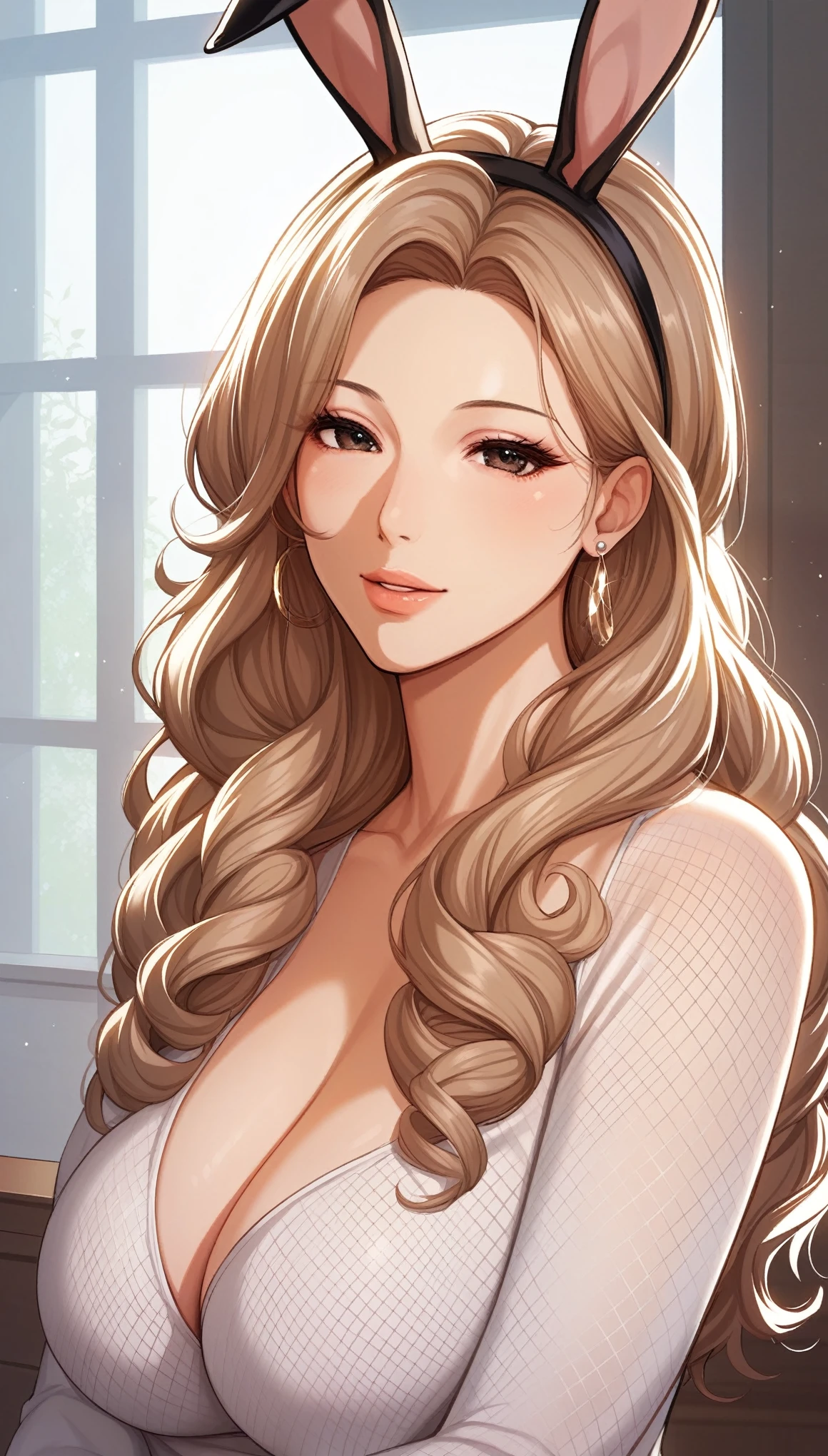 score_9, score_8_up, score_7_up, score_6_up, score_5_up, score_4_up, nari, black eyes, light brown hair, long hair, curly hair, masterpiece, best quality, ultra-detailed, higres, 1girl, solo, mature female, beautiful and perfect face, detailed eyes, detailed eyelashes, looking at viewer, Bunny girl、Beautiful mature woman、High heels、Fishnet tights、Sexy eyes、Brown eyes、Earrings, large breasts, wide hips, curvy, close shot, indoors, blur background