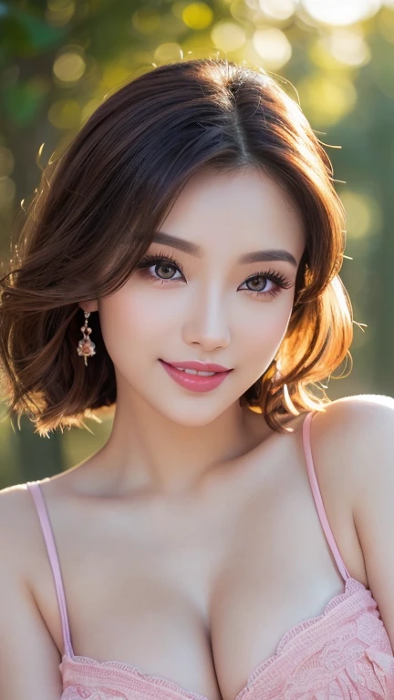 Close-up portrait, parted lips, lips, Casual Dresses, View your audience, Forest Background, Sunset Light, Realistic、Large Breasts、Cleavage、One beautiful woman、(Bright color contacts、Perfect Makeup、Bright and shiny lipstick、(Very heavy makeup:1.2)、(Deep pink around the eyes:1.1)、Beautiful bright eyeshadow、Heavy makeup around the eyes、(Romantic affection:1.1)、The best smile he had when he saw me、(Many of them emphasize the body line...:1.1)、(Strongly blurred background:1.1)、Accurate anatomy、Ultra HD Hair、(Ultra high resolution perfect beautiful teeth:1.1)、Ultra-high definition beauty face、Ultra HD Hair、Ultra HD The Shining Eyes、The Shining, Ultra High Resolution Skins、超高解像度の艶やかなlips