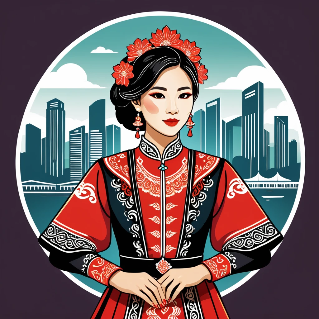 female	illusionist	in singapore folk outfit	,vector graphics, strong contours, logo design																						