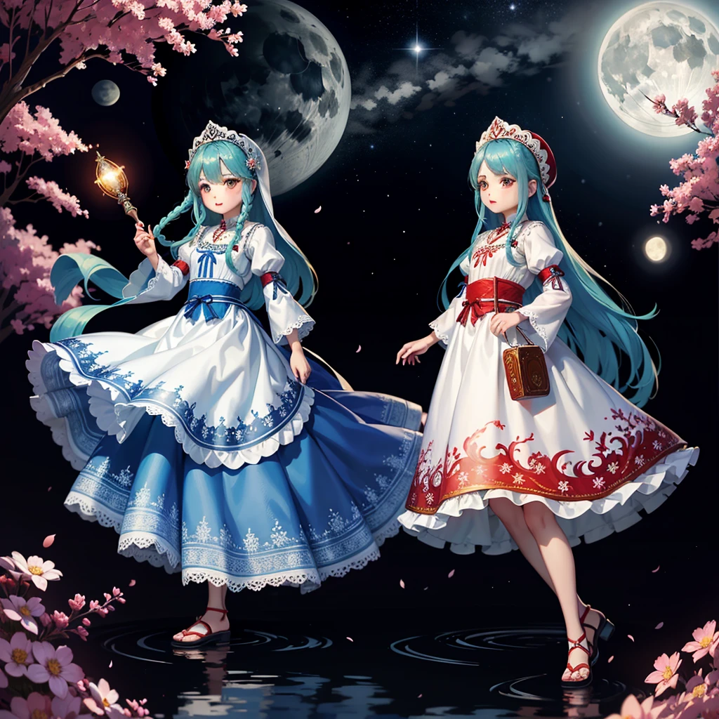 最high quality、high quality、10 years old、Brightly embroidered folk costumes from Central Asia and the Caspian Sea region、Bride Girl、Moonlight meadow、moonlight、Long dress