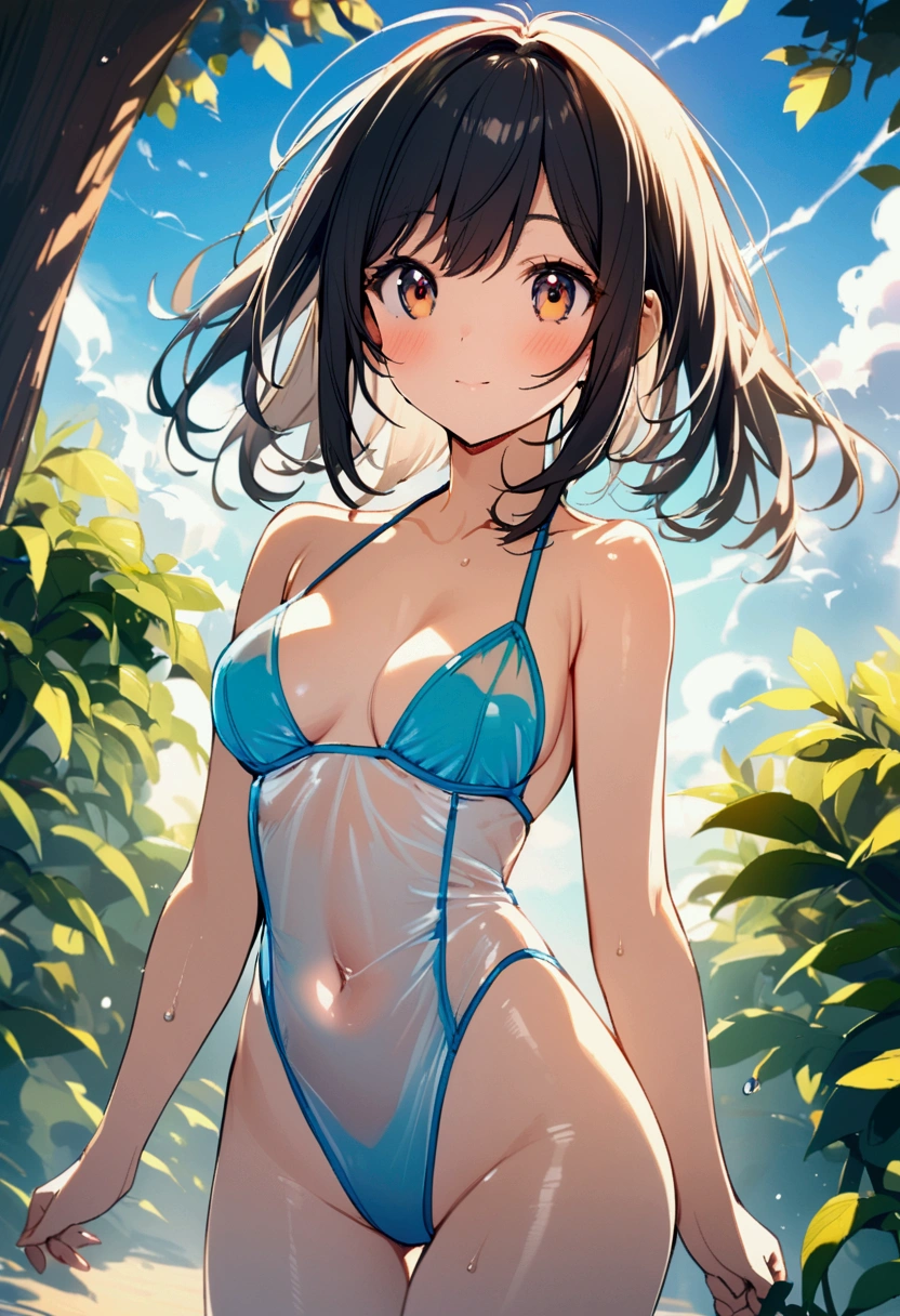 Smooth anime CG art、Focus Only、1 girl、Front view、(((All naked)))、((Full nudity))、naked、(((The shape of the genitals is clearly visible)))、(((Small breasts)))、(((sweat)))、Semi-short hair、(((Sweaty)))、Watery eye、blush、(((Embarrassed look)))、((Open your mouth))、(((Are standing)))、Spread your legs、((beach))、((Night Sky))、Midnight、Outdoor、((arms behind head))、(((white tank top)))、(((white panties)))、(upper body)