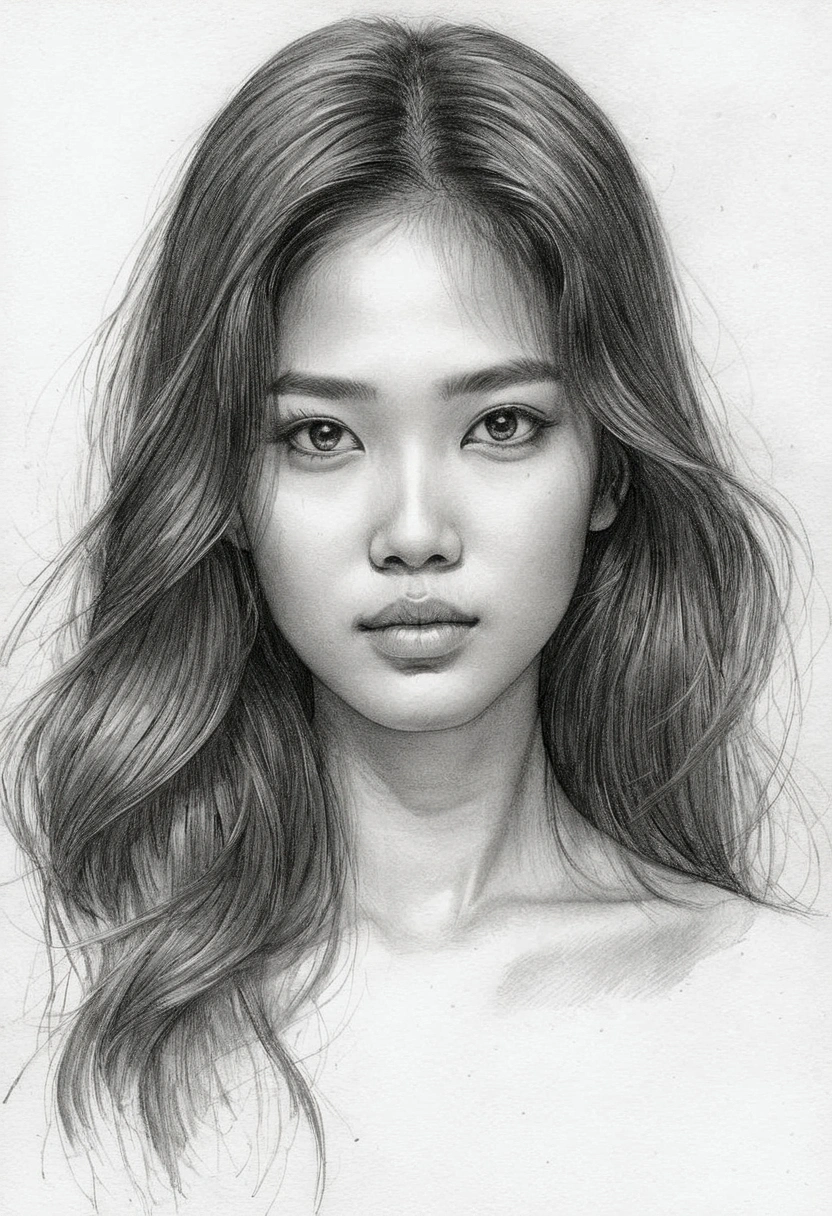 A delicate, graphite sketch shows a half body naked beautiful Thai woman, her features rendered in subtle shading and precise lines. The framing is tight, focusing attention on the subject's sweet face, very big eyes, very high nose, thick and long eyebrow, thin and wide lips. Soft, feathery strokes convey the gentle texture of her long hair,  small breasts,