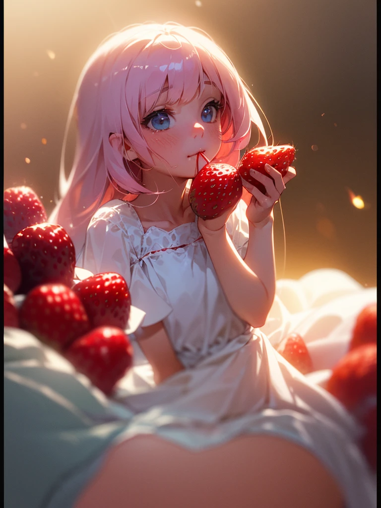 (Sumilux f1.4 50mm , low Latitude old color negative film , cross process , bokeh, flare, chromatic aberration , soft focus, (Shallow focus) , soft glow , Maximum aperture, low Key , Transparent depiction)  , coquettish girl , showing off ２ small strawberrys , strawberry to mouth , Caressing the strawberries