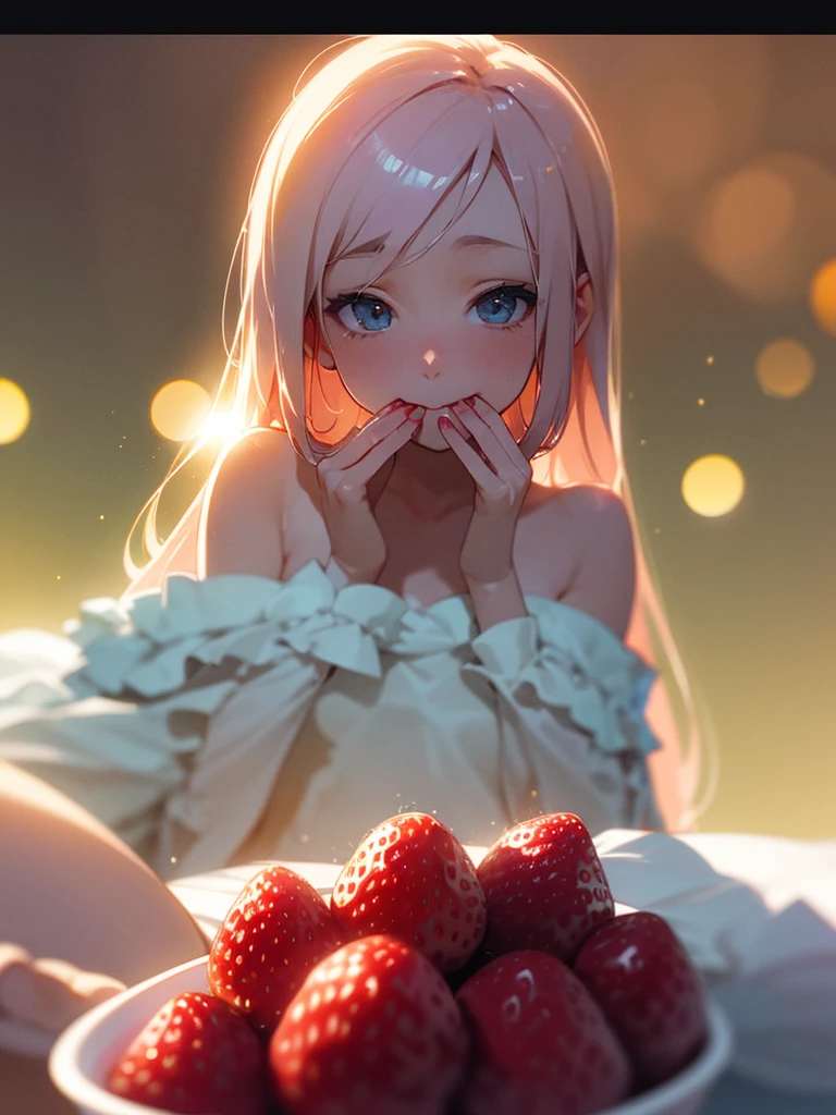 (Sumilux f1.4 50mm , low Latitude old color negative film , cross process , bokeh, flare, chromatic aberration , soft focus, (Shallow focus) , soft glow , Maximum aperture, low Key , Transparent depiction) , coquettish girl , showing off 2 small strawberrys , strawberry to mouth , Caressing the strawberries , Pour condensed milk , insert