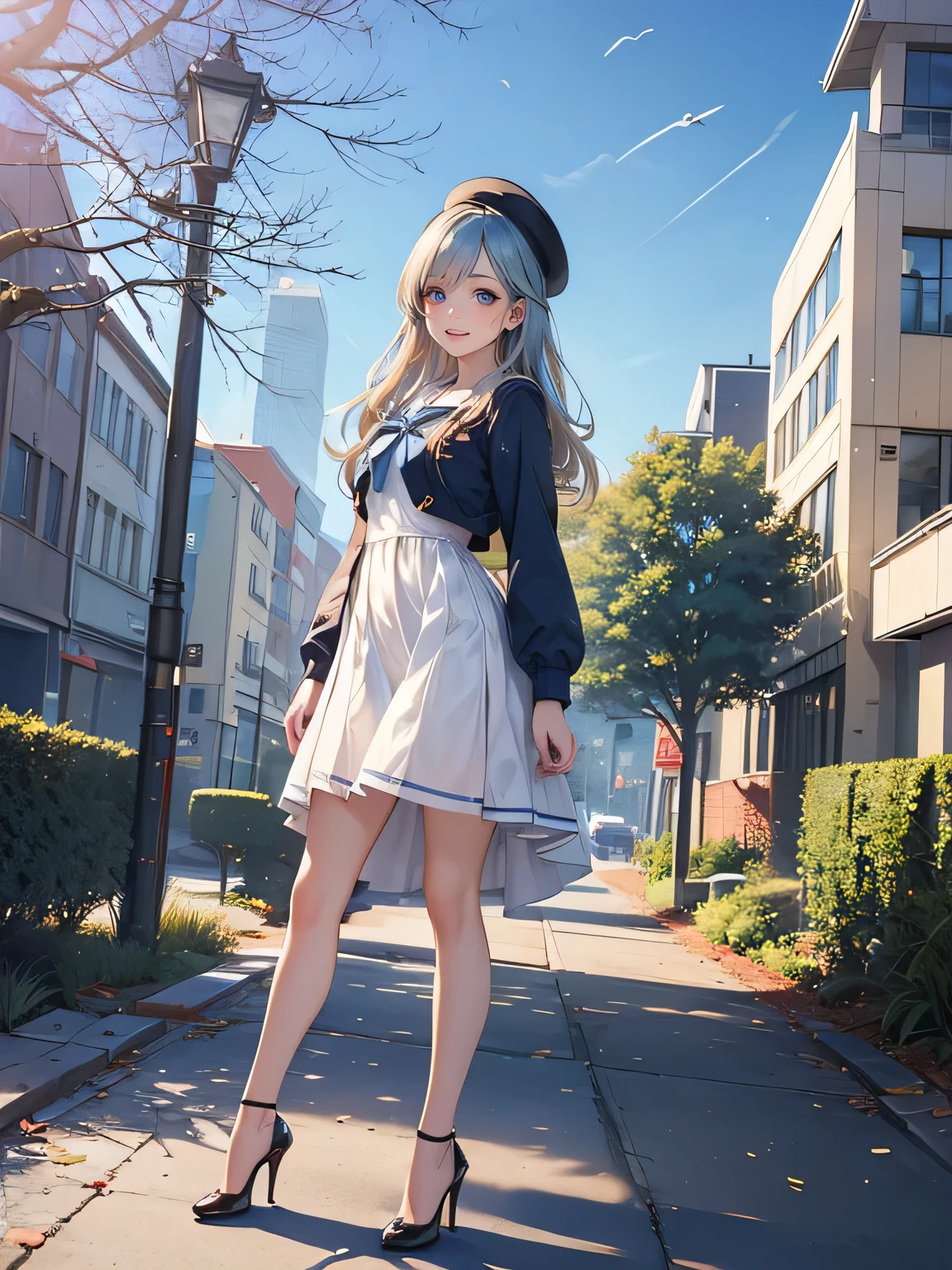 ((Biologically correct limb count)),(( From head to toe,Full-body photo including face)),4K,masterpiece,((Focus on the face)),((Symmetrical facial features)),Eyes with detailed description,Beautiful woman,Great style,Beautiful arms,Beautiful legs,Beautiful Hands,(Small Ass,Thin thighs),Detailed depiction of the face,Small earrings,necklace,(Will school uniform,dress((High heels))),((Random outdoor night scenes)),(((blue blonde))),Realistic photo,Looking up,Look up,smile,((Sitting upright on the asphalt of the road,Sitting at an angle,Panty shot))