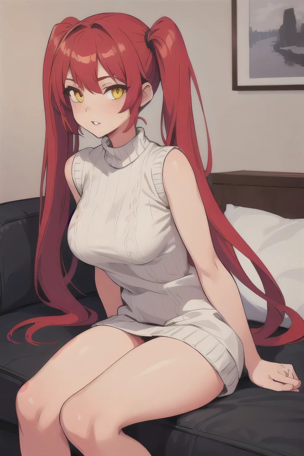 (masterpiece, best quality:1.2), solo, 1girl, parted lips, looking at viewer, long hair, red hair, twintails, yellow eyes, white sweater, sweater dress, sleeveless, bare legs, large breasts, vibrant colors