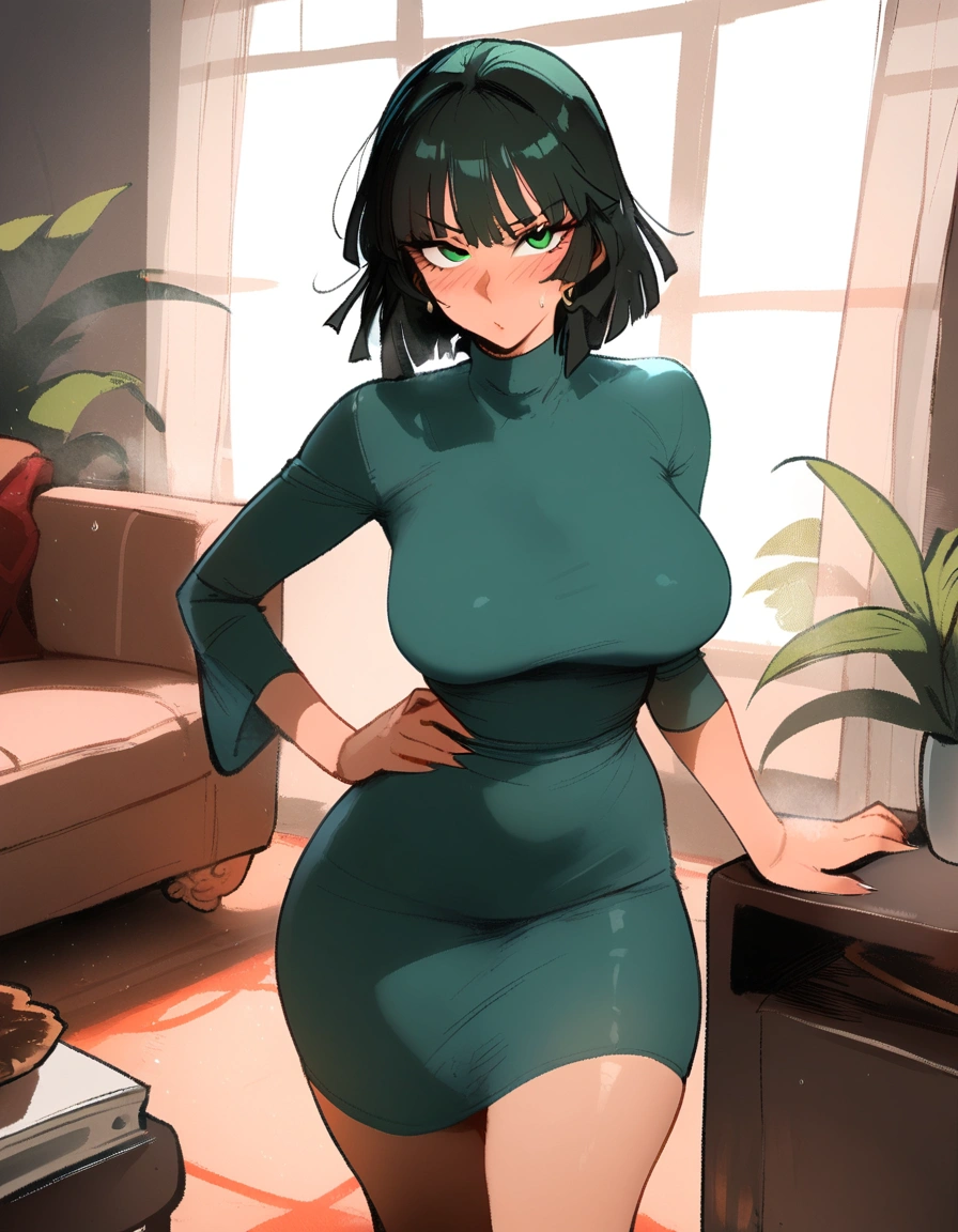 1girl, fubuki \(one-punch man\), one-punch man \\\\\ masterpiece, best quality, newest, , ///// nyantcha, khyle, cutesexyrobutts \\\\\ big breasts, thin waist, sweatdrop, blush, solo, cropped legs, green eyes, indoors, living room, dress
