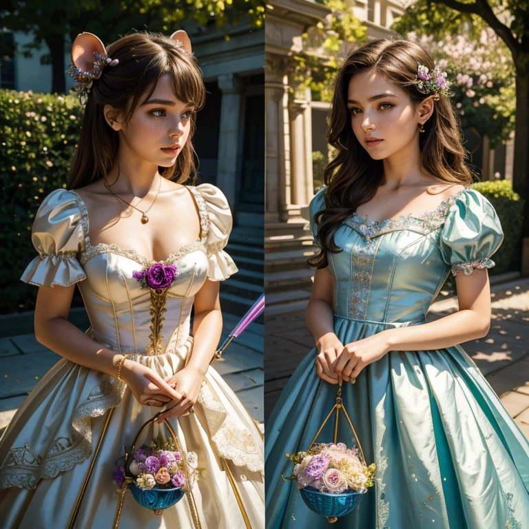 (masterpiece, best quality:1.5), highest quality, High resolution, super detailed, Realists, Upper body photo of a brunette magical girl, detailed and beautiful eyes, beautiful detailed lips, very detailed eyes and face, longeyelashes, shiny satin dress, Holding a magic wand in your hand, Cast a transformation spell, Rats turn into bouquets of flowers, Holding a bouquet of flowers in hand, Magic wands present and shiny, Beautiful and colorful makeup, elegant and noble々The jewelry bag, Gardens as background, soft daylight, bright colors, fine brushstrokes, Portrait style, Silk dress fabric, beautiful color palette, glowing skin, First-class rendering, that captures every detail, enchanting atmosphere, subtle shadows and lights, (perfect anatomy:1.2), (The two stunning 14 and 12 year old magical girls transform rats into bouquets. (a transformation with the magic wand:1.4), (magnificent panorama view:1.2)
