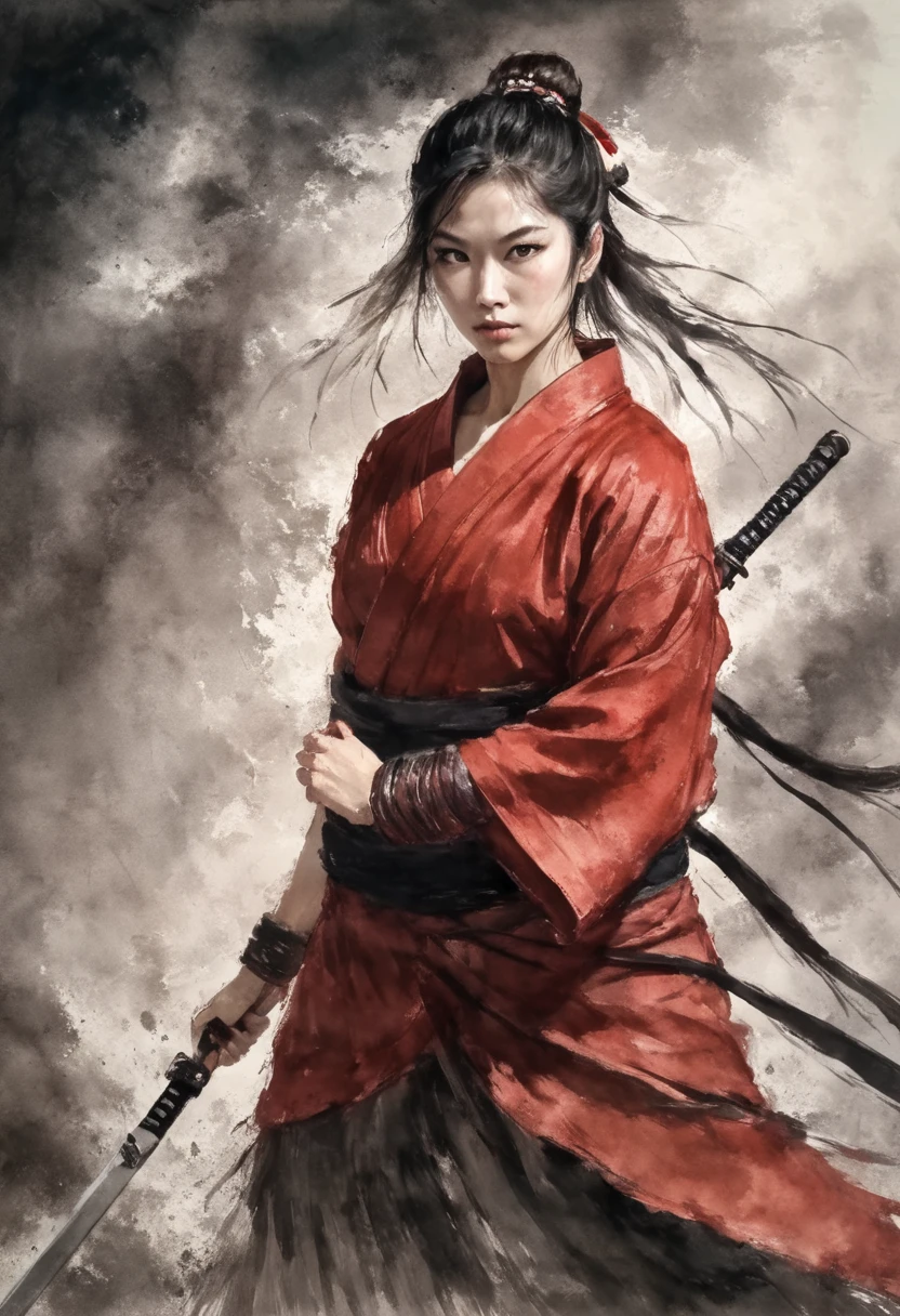 dynamic action shot, a Beautiful Asian woman, she is in red samurai armor mix with a yukata and without weapon, she is tall and grave, with red cords as a ribbon in her hair around a high ponytail and lines around her eyes, realistic, sharp skin, wielding a katana, dynamic pose, wide hips, long legs, charismatic, forgery with a forge and molten metal in the background, strong wind, 