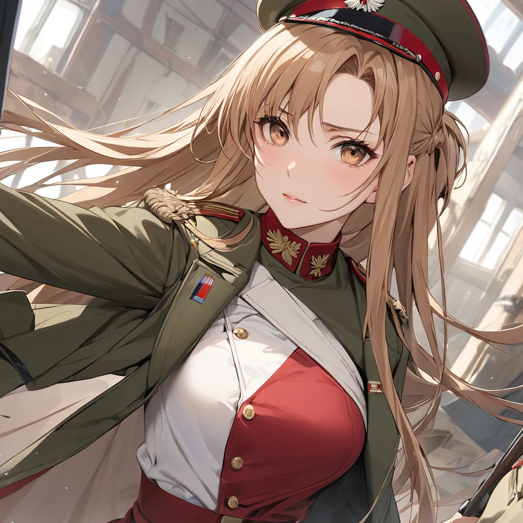 One lonely young adult girl, Tall stature, little chest, closed mouth, Slavic appearance: Green eyes; blond hair; sharp facial features; dimple on the chin; Straight nose; high nose; pronounced high cheekbones; high forehead, stands upright, wears a military uniform: Dark green double-breasted overcoat with 6 fasteners; gray pants; high black boots; black leather gloves, Standing in the middle of the street, Background in the picture: A street with a stone paved road with European stone houses from the first half of the 20th century; People in clothes of the mid-20th century, High quality shadows, High quality of light, High quality clothing, Masterpiece picture quality, max detail, Masterpiece quality, High-definition image.