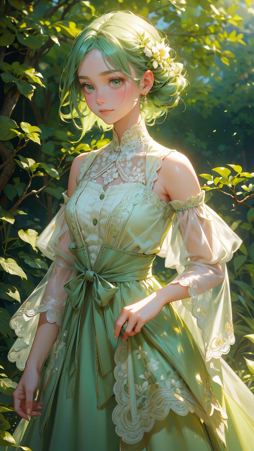 A serene and elegant scene featuring a beautiful girl with long, flowing green hair and vibrant green eyes, standing amidst a gentle breeze. She is wearing a delicate, cream-colored dress adorned with intricate lace details and a green ribbon tied at the waist. The dress has a vintage aesthetic, with buttons down the front and a slightly flared skirt. Over her shoulders, she has a green cardigan, adding a touch of warmth and comfort to her appearance. Her expression is calm and inviting, with a soft smile.
The background is filled with soft-focus blooming flowers and lush green foliage, creating a peaceful and natural atmosphere. The flowers are in various stages of bloom, with some fully open and others just budding. The greenery includes leaves of different shapes and sizes, adding to the richness of the scene. Light filters through the foliage, creating dappled patterns on the girl and the surroundings.
The text 'Announcement of Announcement' is displayed prominently in a sophisticated, elegant font that complements the serene theme. The text is integrated into the scene in a way that it feels like a natural part of the environment, possibly with subtle shadowing and blending.
Replace the girl with another beautiful, cute girl while maintaining the same serene, elegant style and atmosphere. Ensure the new girl has similarly styled hair, clothing, and expression to fit seamlessly into the scene. The background, foliage, and overall color scheme should remain exactly the same, preserving the tranquil and harmonious feel of the image.