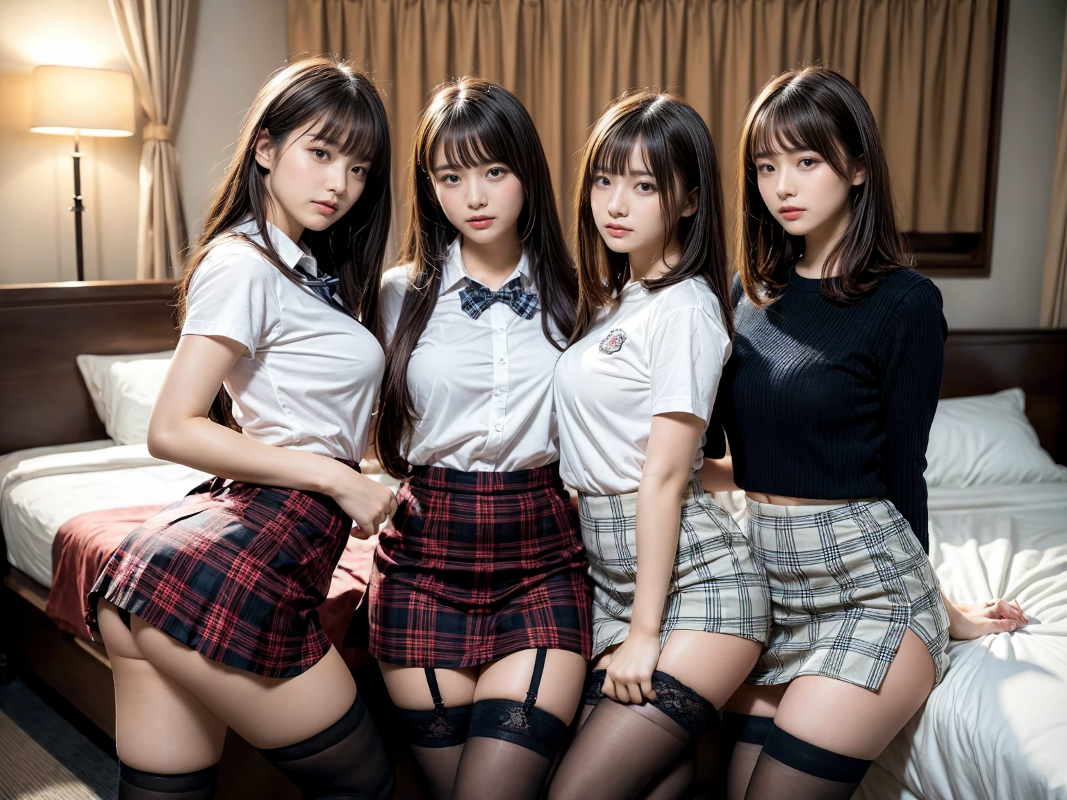 masterpiece, best quality, illustration, Super detailed, fine details, High resolution, 8K,wall paper, perfect dynamic composition,(Details High quality, realistic depiction of eyes:1.3), (3 girls), (white school shirt :1.2), (plaid skirt :1.3), tie black, black thigh-high stockings, sitting, open legs, short bob hair, in a hotel room in the background, deep on field, large breasts, black hair color, Big Natural Color Lip, (perfect body shape), crying a little、Harajuku style、20 year old girl、cute type、beautiful legs, Gravure Idol