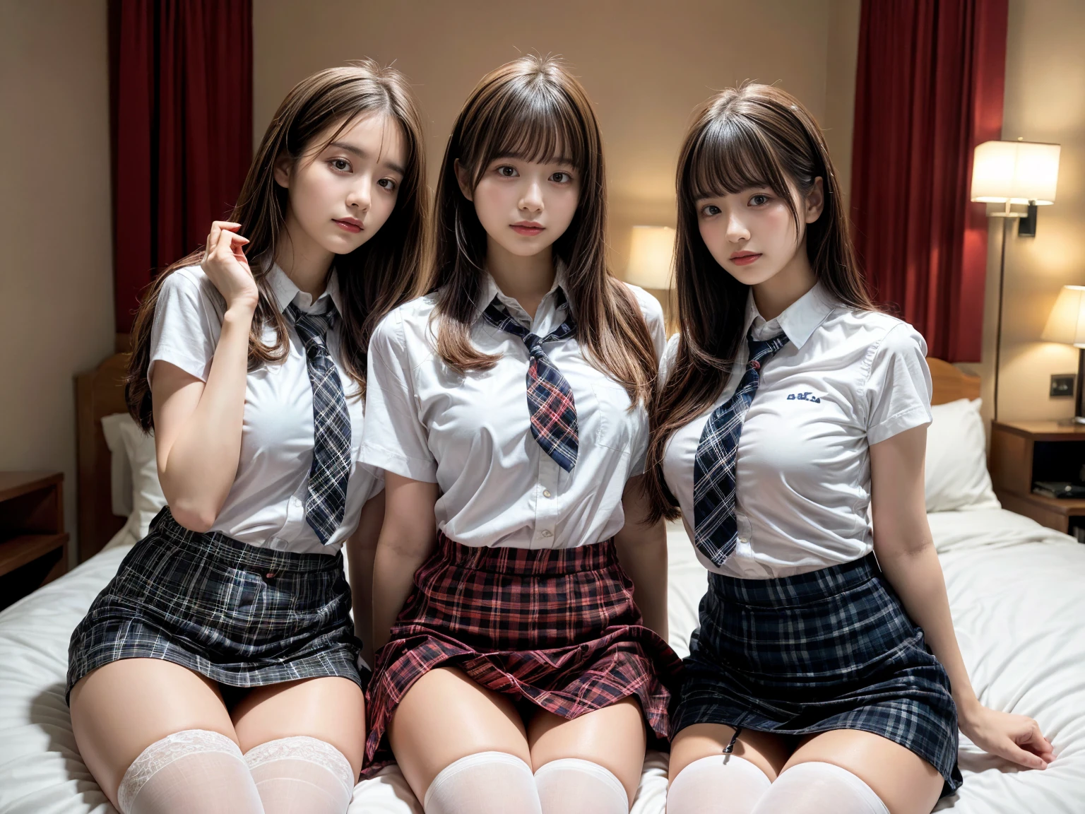 masterpiece, best quality, illustration, Super detailed, fine details, High resolution, 8K,wall paper, perfect dynamic composition,(Details High quality, realistic depiction of eyes:1.3), (3 girls), (white school shirt :1.2), (plaid skirt :1.3), tie black, black thigh-high stockings, sitting, open legs, short bob hair, in a hotel room in the background, deep on field, large breasts, black hair color, Big Natural Color Lip, (perfect body shape), crying a little、Harajuku style、20 year old girl、cute type、beautiful legs, Gravure Idol