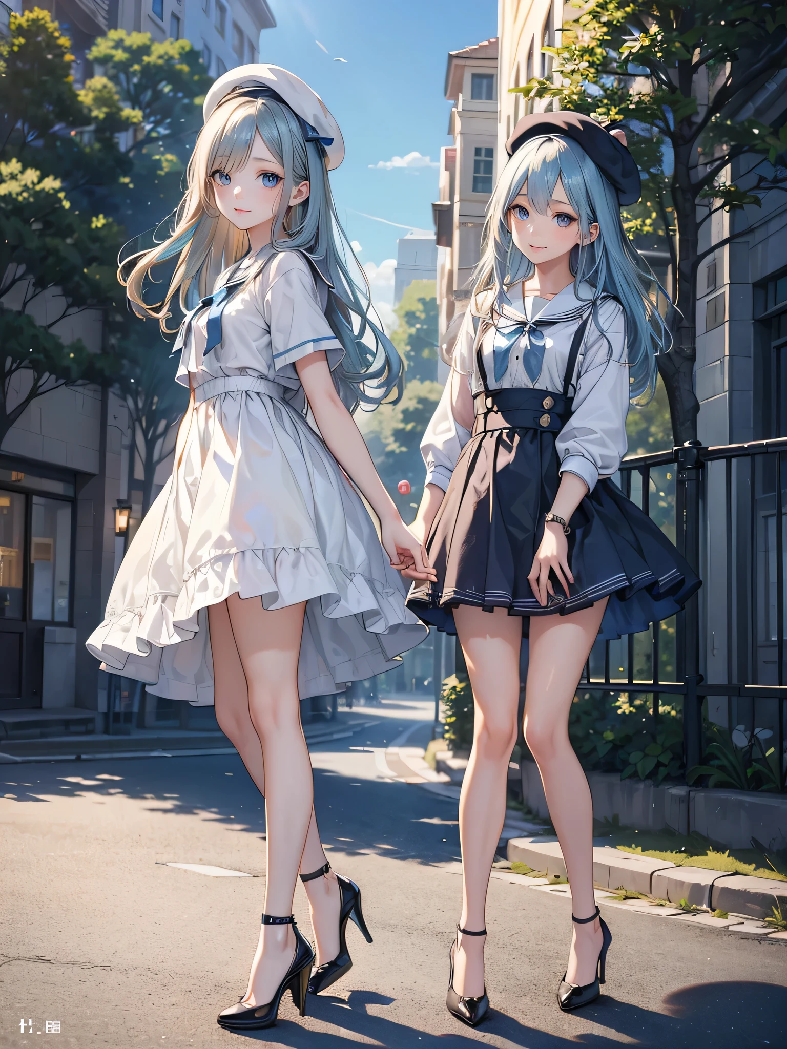 ((Biologically correct limb count)),(( From head to toe,Full-body photo including face)),4K,((Standing position)),masterpiece,((Focus on the face)),((Symmetrical facial features)),Eyes with detailed description,Beautiful woman,Great style,Beautiful arms,Beautiful legs,Beautiful Hands,(Small Ass,Thin thighs),Detailed depiction of the face,Small earrings,necklace,(Will school uniform,dress((High heels))),((Random outdoor scenes)),(((blue blonde))),Realistic photo,beret,Looking up,Look up