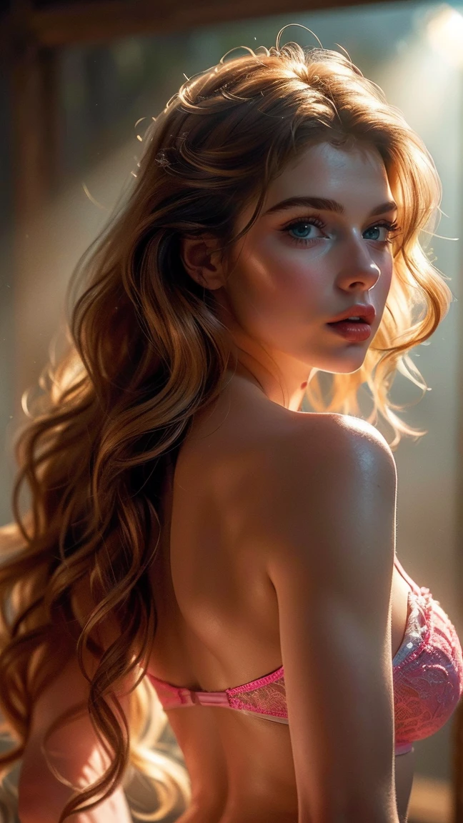 (((ultra realistic))) Photo, masterpiece, top quality, (pale skin), (Ultra detailed face and eyes:1.3), 1 girl, Adult, In Lifchik, ((Eye makeup, pink mascara)), ((large detailed lips)), ((pink wavy hair)), ((Chyolka)) , (Natural breasts), Slim waist. ((Posing)), photoshoot, studio (contour lighting), (The play of light and shadows), depth of field, bokeh, (special attention to skin detail: 1.2), Detailed leather texture, skin pores. (Light atmosphere of the frame. Color range - delicate, Bright, Yellow tones), UDR, ((Film grain)), ((rays)), (Glare), ((Photo from the back)) , ultra detialed,