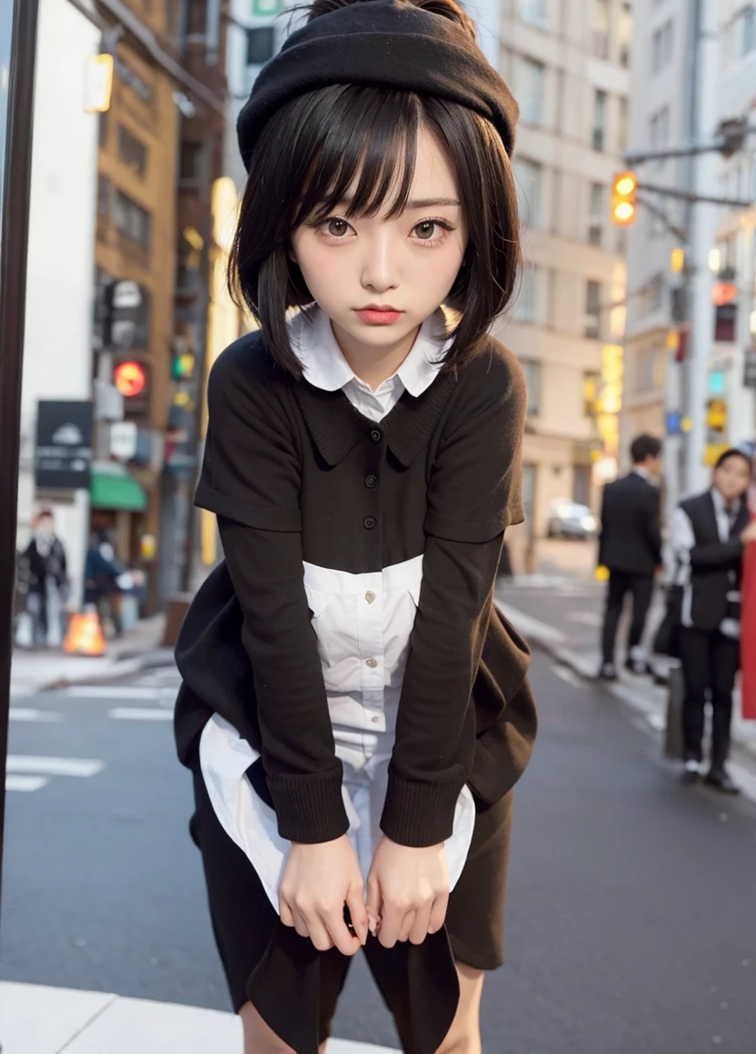 One woman、Black Hair、Stylish suits、City、Bun Hair、Big Breasts、Brown skin