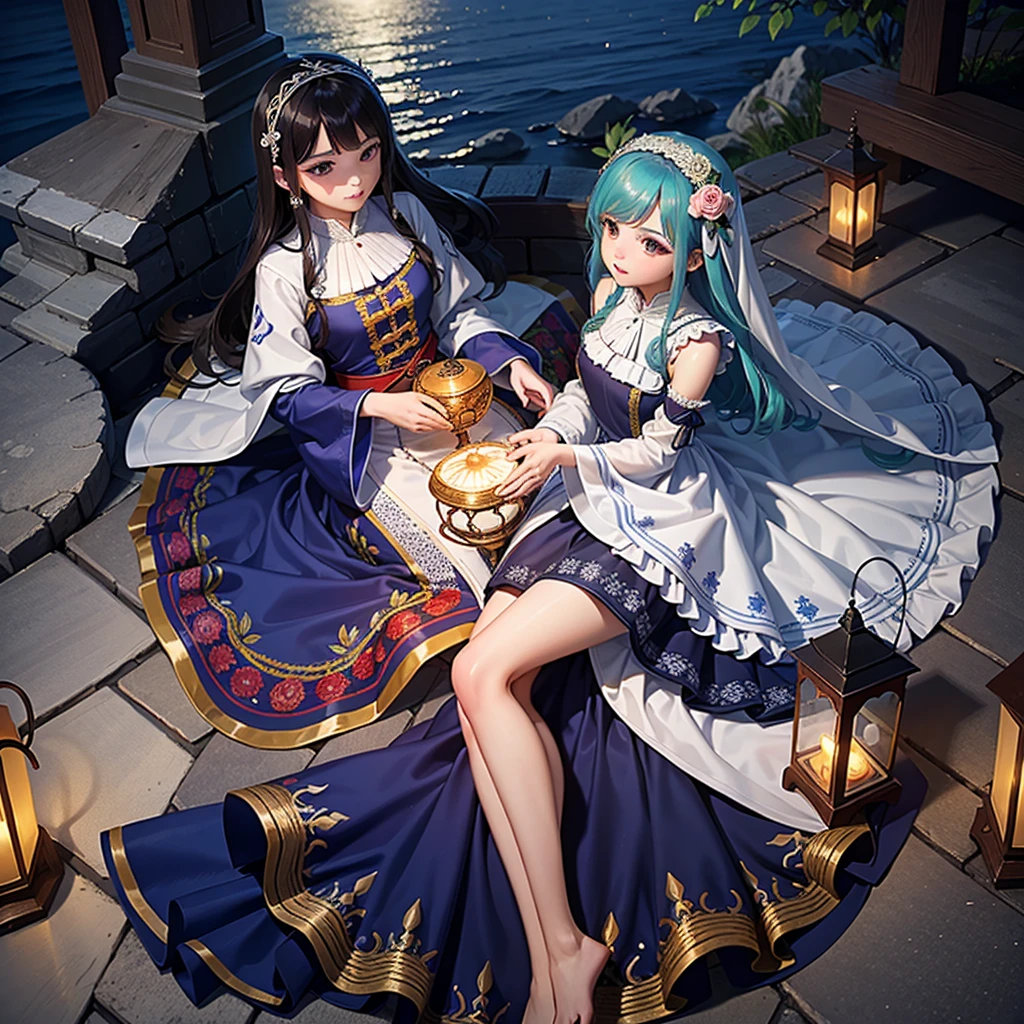 最high quality、high quality、10 years old、Brightly embroidered folk costumes from Central Asia and the Caspian Sea region、Bride Girl、Moonlight meadow、moonlight、Long dress