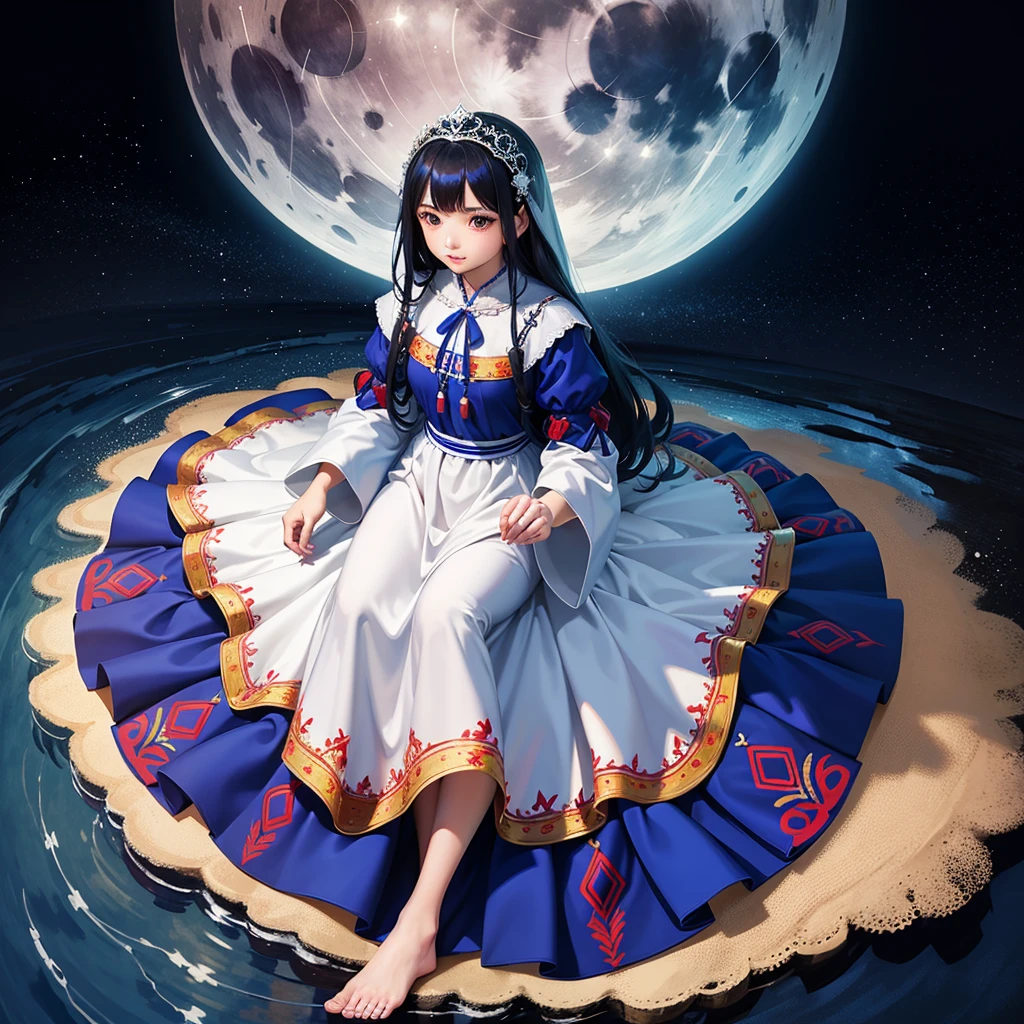 最high quality、high quality、10 years old、Brightly embroidered folk costumes from Central Asia and the Caspian Sea region、Bride Girl、Moonlight meadow、moonlight、Long dress