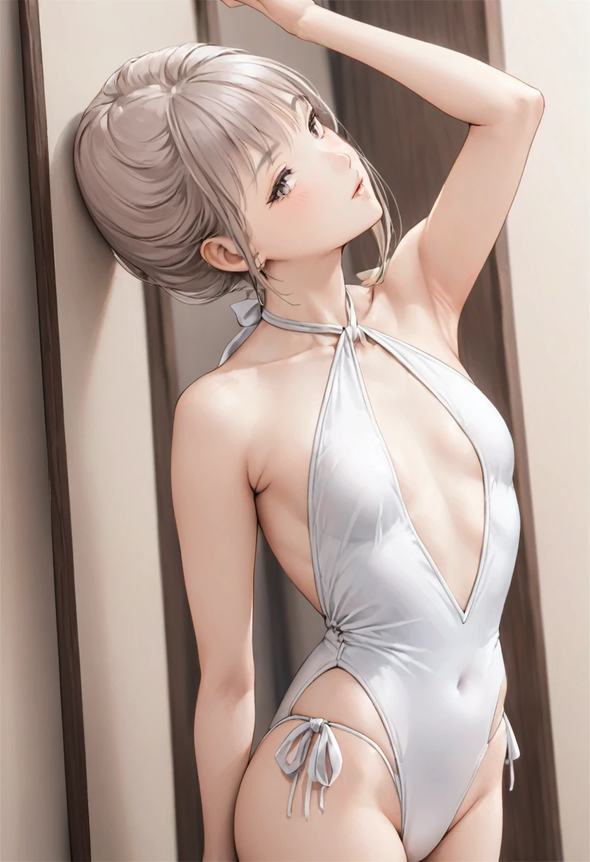 (Turn around:1.3)、(((Bottom to top angle)),high resolution、High quality details，Perfect Body Proportions，Smooth and delicate skin texture，Japanese Girlodel、Fair skin，20-year-old，Flat chest，Create an image of a woman wearing a two-piece swimsuit. The top is a shoulder ribbon BACK opening TOPS, featuring a deep V-neck halter design with a ruffled hem and a tie closure at the back of the neck. The bottoms are full-back with adjustable side ties, providing a comfortable fit. The swimsuit is entirely white, with a smooth, plain fabric. Ensure the woman's pose showcases both the front and the sides of the swimsuit, highlighting the elegant simplicity of the design.
