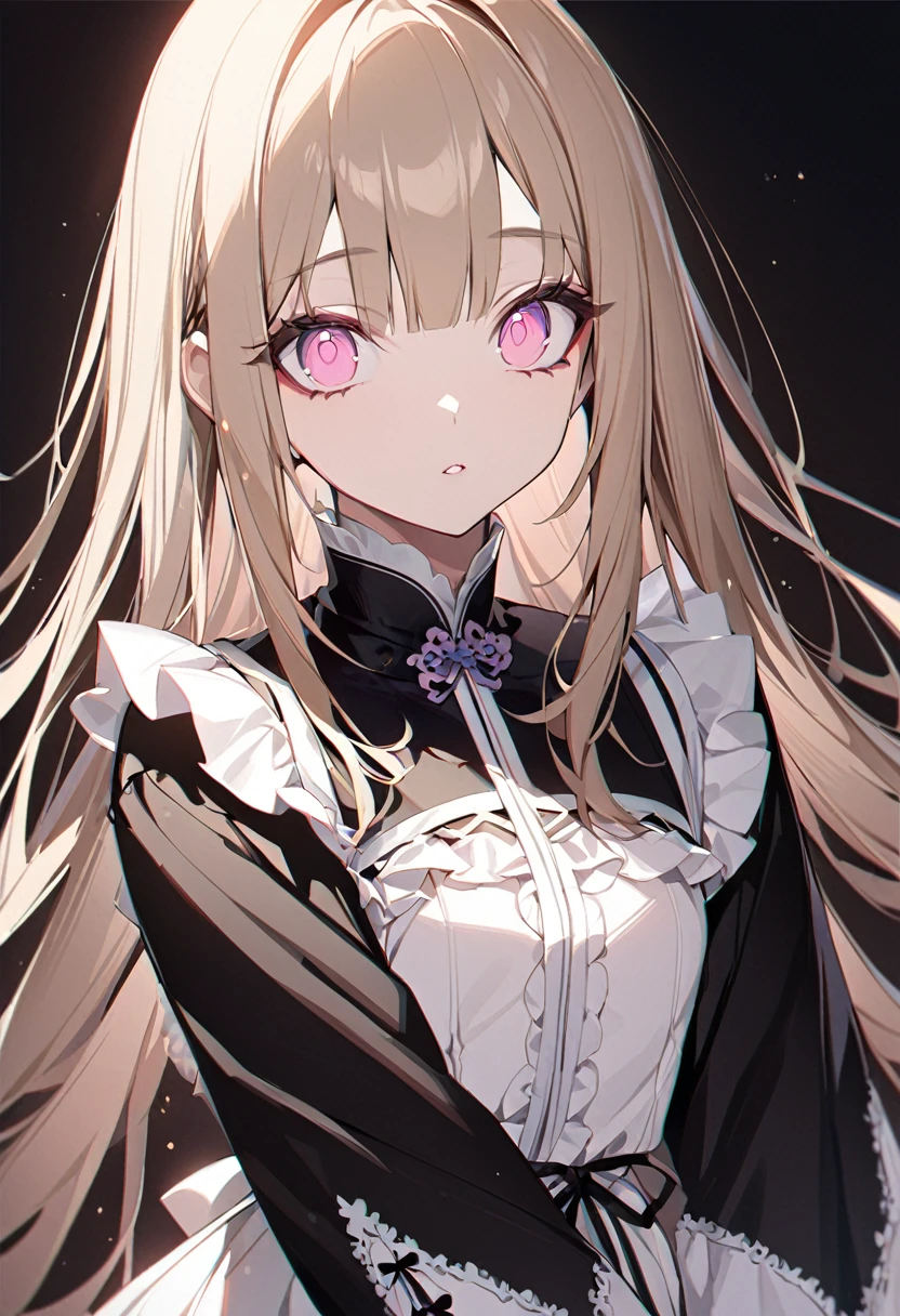 One Girl、masterpiece、Highest quality、Beautiful girls、Big eyes、Baby pink eyes、Light Brown Hair、Straight Hair、Chinese Lolita、China、Long sleeve、Black background、anime