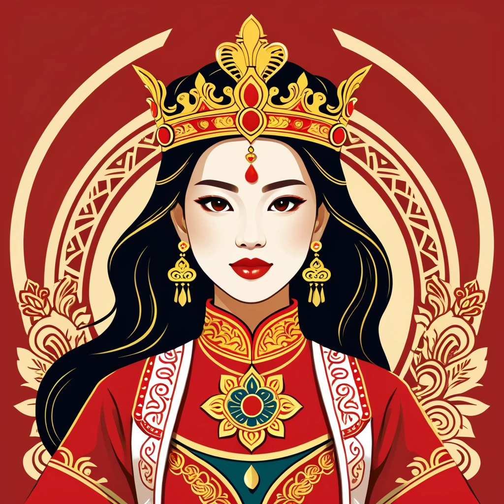 female king in singapore folk outfit ,vector graphics, strong contours, logo design
