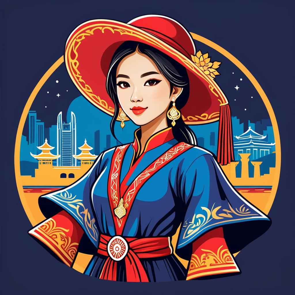 female mage in singapore folk outfit ,vector graphics, strong contours, logo design