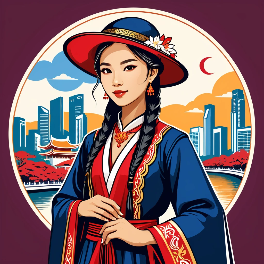 female	mage	in singapore folk outfit	,vector graphics, strong contours, logo design																						