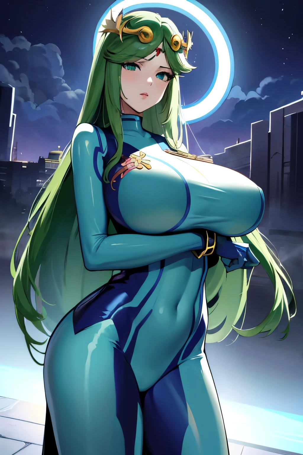 masterpiece, best quality, highres, hmpa1, palutena, parted bangs, tiara, gigantic breasts, zero suit, blue gloves, cowboy shot, standing, samus, temple, halo, 