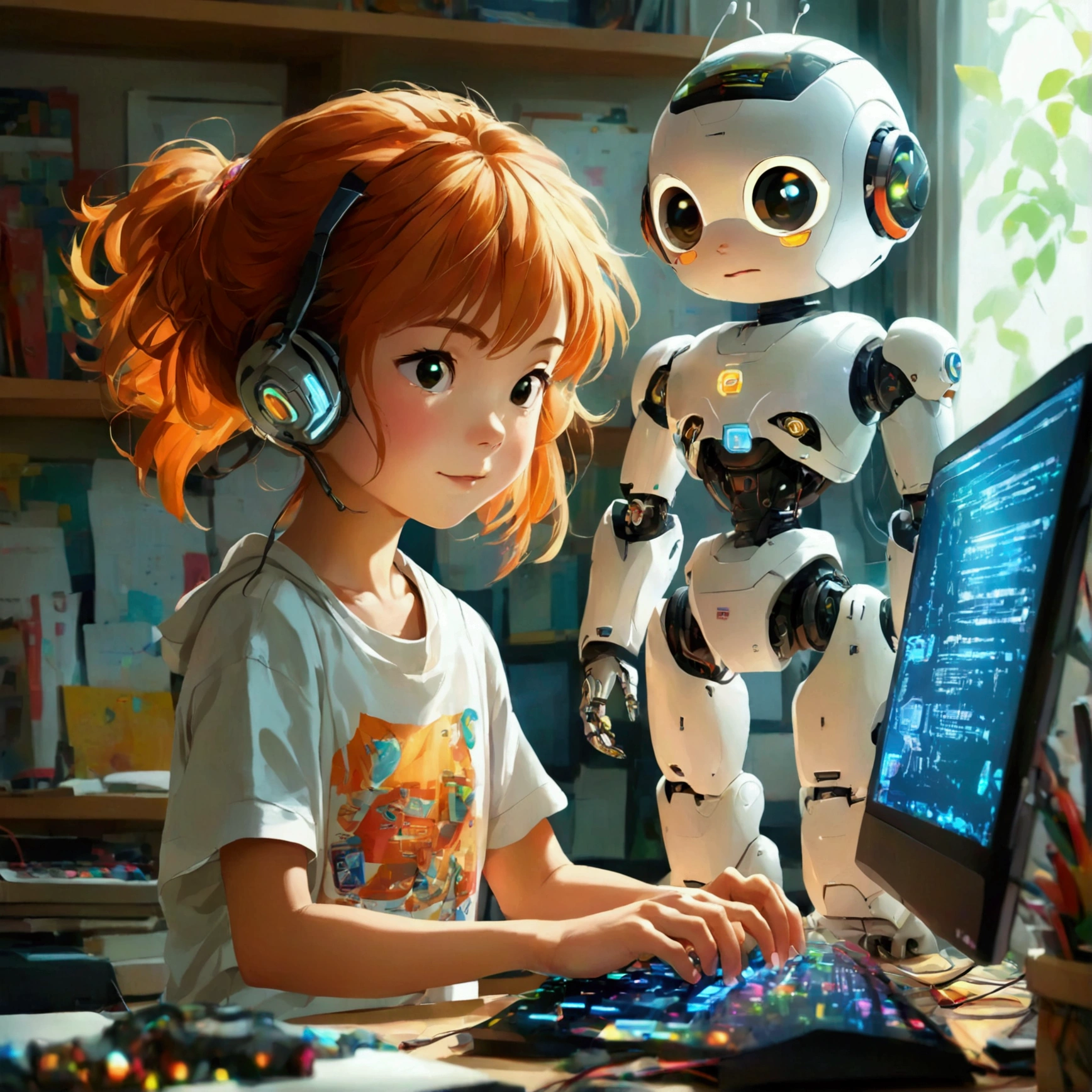 a confident Japanese child, around 10 years old, coding with a determined expression, eyes sparkling with joy and excitement. They are slightly smirking, focused on the screen, with their fingers confidently tapping on the keyboard. The room is clean and organized, with a desk full of programming books and posters. The child is wearing a simple, clean, and casual outfit, like a white T-shirt and jeans or a thin hoodie and chinos. The background is filled with programming-related items such as a robot or an electronic kit, adding to the child's sense of accomplishment and enthusiasm. The overall vibe is one of youthful confidence, determination, and pure joy in the world of coding.