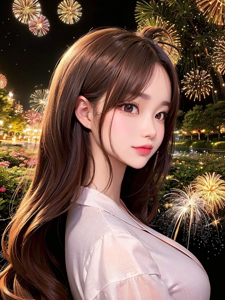 Masterpiece, high resolution, highest quality, fractal art, fireworks in the night sky, fantastic flower fields at night, profile of a beautiful girl gazing at fireworks, long brown hair, profile, hair tied up in a yukata, hairpin, fantastic background, Korean glitter eye makeup, mature, older woman, fantasy art