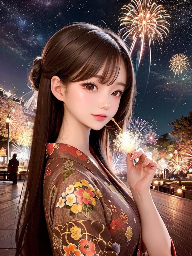 Masterpiece, high resolution, highest quality, fractal art, fireworks in the night sky, fantastic flower fields at night, profile of a beautiful girl gazing at fireworks, long brown hair, profile, hair tied up in a yukata, hairpin, fantastic background, Korean glitter eye makeup, mature, older woman, fantasy art