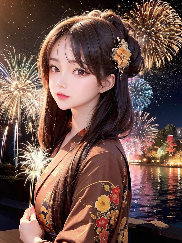 Masterpiece, high resolution, highest quality, fractal art, fireworks in the night sky, fantastic flower fields at night, profile of a beautiful girl gazing at fireworks, long brown hair, profile, hair tied up in a yukata, hairpin, fantastic background, Korean glitter eye makeup, mature, older woman, fantasy art