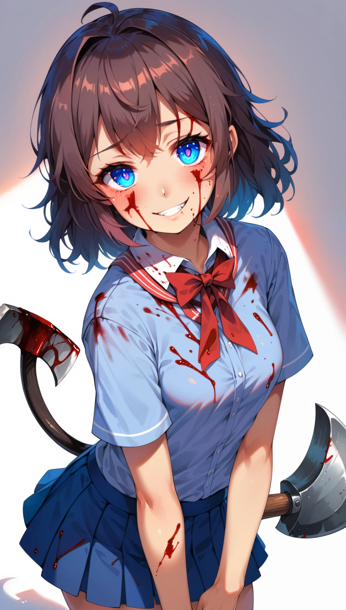 (masterpiece), (best quality), (ultra detailed),(disheveled hair),(illustration), (1girl), looking at viewer, (interview), (simple background),beautiful detailed eyes, delicate beautiful face,(high saturation),(colorful splashes),(shining), focus on face, gasai yuno, school uniform, short sleeves, blue shirt, red bowtie, blue skirt, holding axe, evil smile, glowing eyes, blood on face, blood on clothes, (shining), best lighting, best shadow, cowboy shot,view from below, white background,