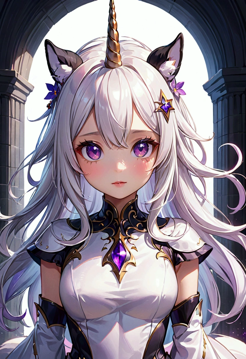Unicorn Anthropomorphic Female High detail White hair Purple pupils