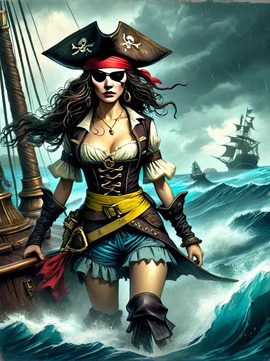 (war:1.9)，A dark fantasy style scene of a pirate on his ship battling a Kraken. The pirate, with an Asian descent and male gender, stands bravely on the ship's deck. He wields a cutlass and the ship is tattered, evidencing numerous past battles. Emerging from the turbulent sea, the monstrous Kraken unfurls its giant tentacles, reaching for the ship and the pirate. The overall ambience is ominous and foreboding, with stormy seas and dark clouds overhead. (whole body:1.3), 1 female captain, wearing straw hat, Black eye mask, Rich expression, gloomy, Gothic horror, illustration, Red vest, Blue shorts, Yellow belt, Black sandals, Strange, exaggerated, Caribbean Sea in the background，Boat deck，Dark theme elements, Pencil Sketch