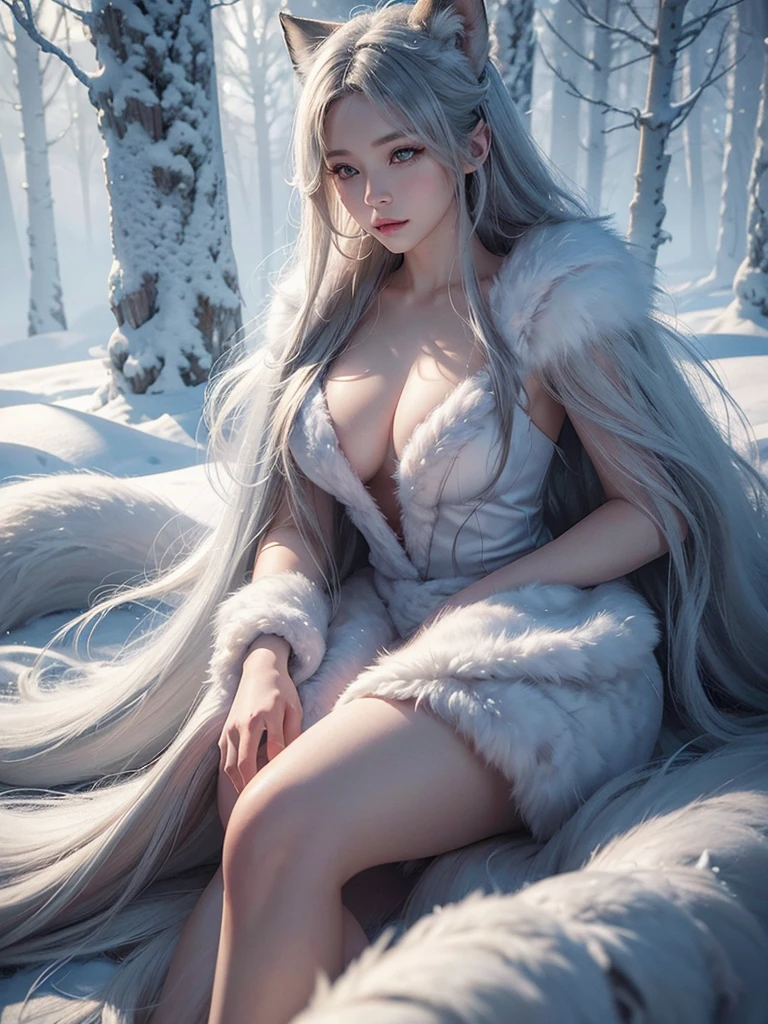 A hyper-realistic 3D render of a female human and nine-tailed fox fusion, with a 7:3 ratio, in a snowy environment. The female has a seductive expression, wearing a long, flowing mink fur dress. One fox tail is artistically arranged around her. The background features a tranquil snow-covered forest with a subtle winter mist. Soft, natural lighting creates an ethereal glow. Created Using: hyper-realistic 3D rendering, fantasy realism, high detail textures, advanced lighting techniques, winter setting, atmospheric fog, dynamic posing, natural shadows --ar 16:9 --v 6.0
