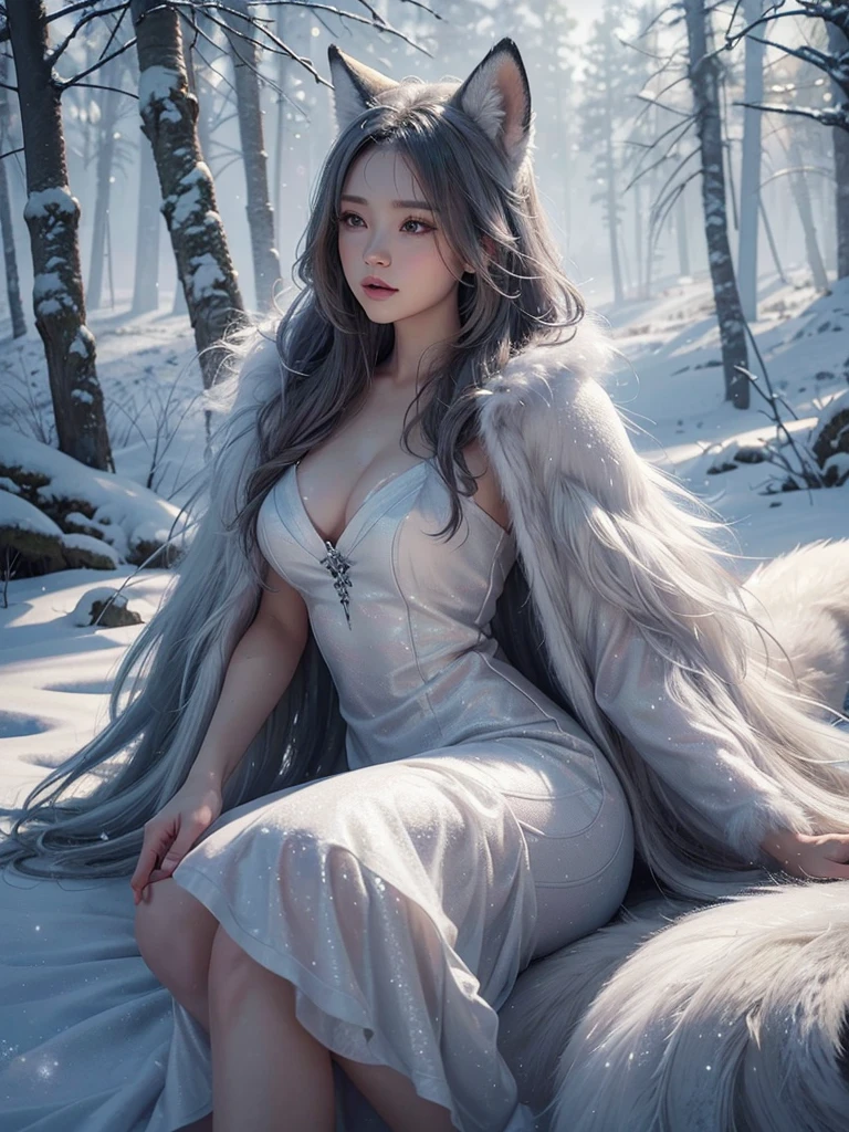 A hyper-realistic 3D render of a female human and nine-tailed fox fusion, with a 7:3 ratio, in a snowy environment. The female has a seductive expression, wearing a long, flowing mink fur dress. One fox tail is artistically arranged around her. The background features a tranquil snow-covered forest with a subtle winter mist. Soft, natural lighting creates an ethereal glow. Created Using: hyper-realistic 3D rendering, fantasy realism, high detail textures, advanced lighting techniques, winter setting, atmospheric fog, dynamic posing, natural shadows --ar 16:9 --v 6.0