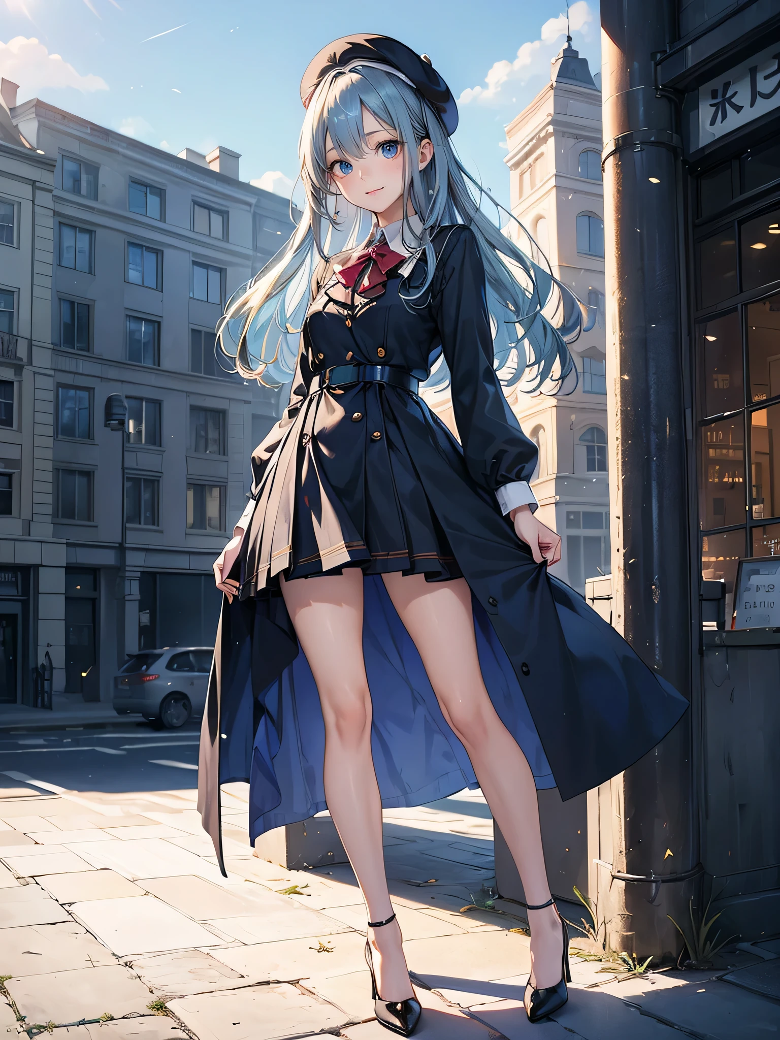 ((Biologically correct limb count)),(( From head to toe,Full-body photo including face)),4K,((Standing position)),masterpiece,((Focus on the face)),((Symmetrical facial features)),Eyes with detailed description,Beautiful woman,Great style,Beautiful arms,Beautiful legs,Beautiful Hands,(Small Ass,Thin thighs),Detailed depiction of the face,Small earrings,necklace,(Will school uniform,dress((High heels))),((Random outdoor scenes)),(((blue blonde))),Realistic photo,beret,Looking up,Look up