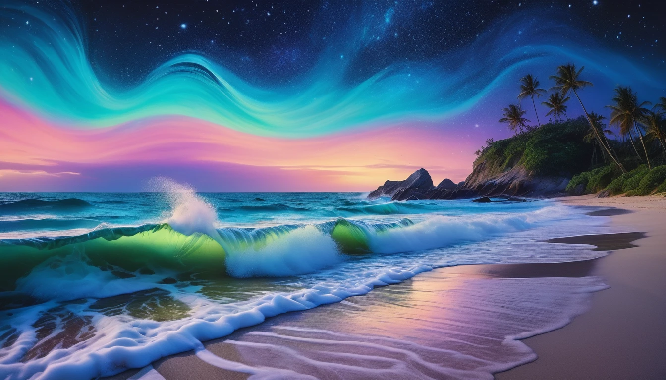 Bioluminescent waves crashing onto a sandy beach at night, enchanting scene with vivid colors and gentle movement, starlit sky adds to the magical ambiance, intricate details in the waves' glow and shoreline, dreamy surrealism captured with high-resolution quality, cinematic aesthetic, raw capture of the ethereal moment with a touch of fantasy, beachscape illuminated in an otherworldly light, painterly tones and brush strokes in an oil painting style, shot with a Fujifilm XT3 and Plaubel Makina