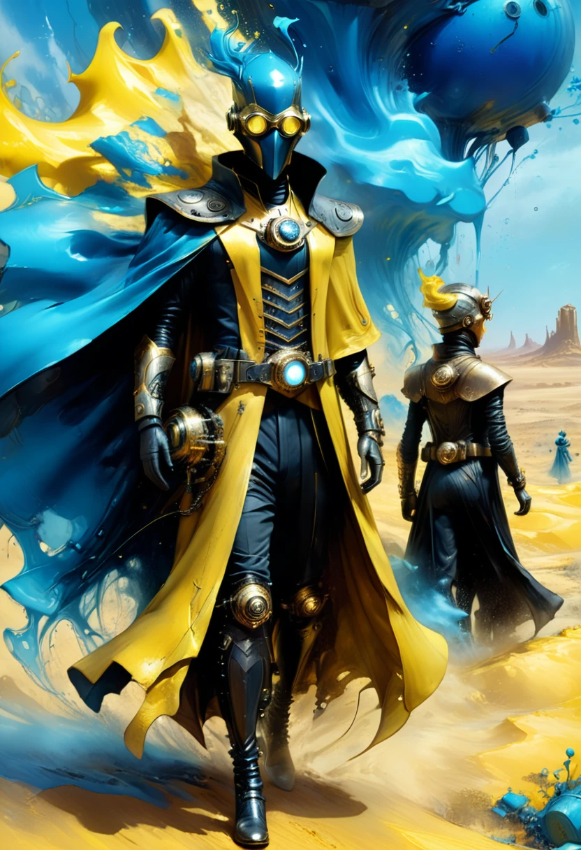 1 man in black cape and steampunk vaporpunk costumes, art in blue and yellow only, mask, 4D high relief texture painting, 8k, 4D, futuristic vintage, ornate desert, full body view, photorealism, abstract impressionism, arte por Jeremy Mann