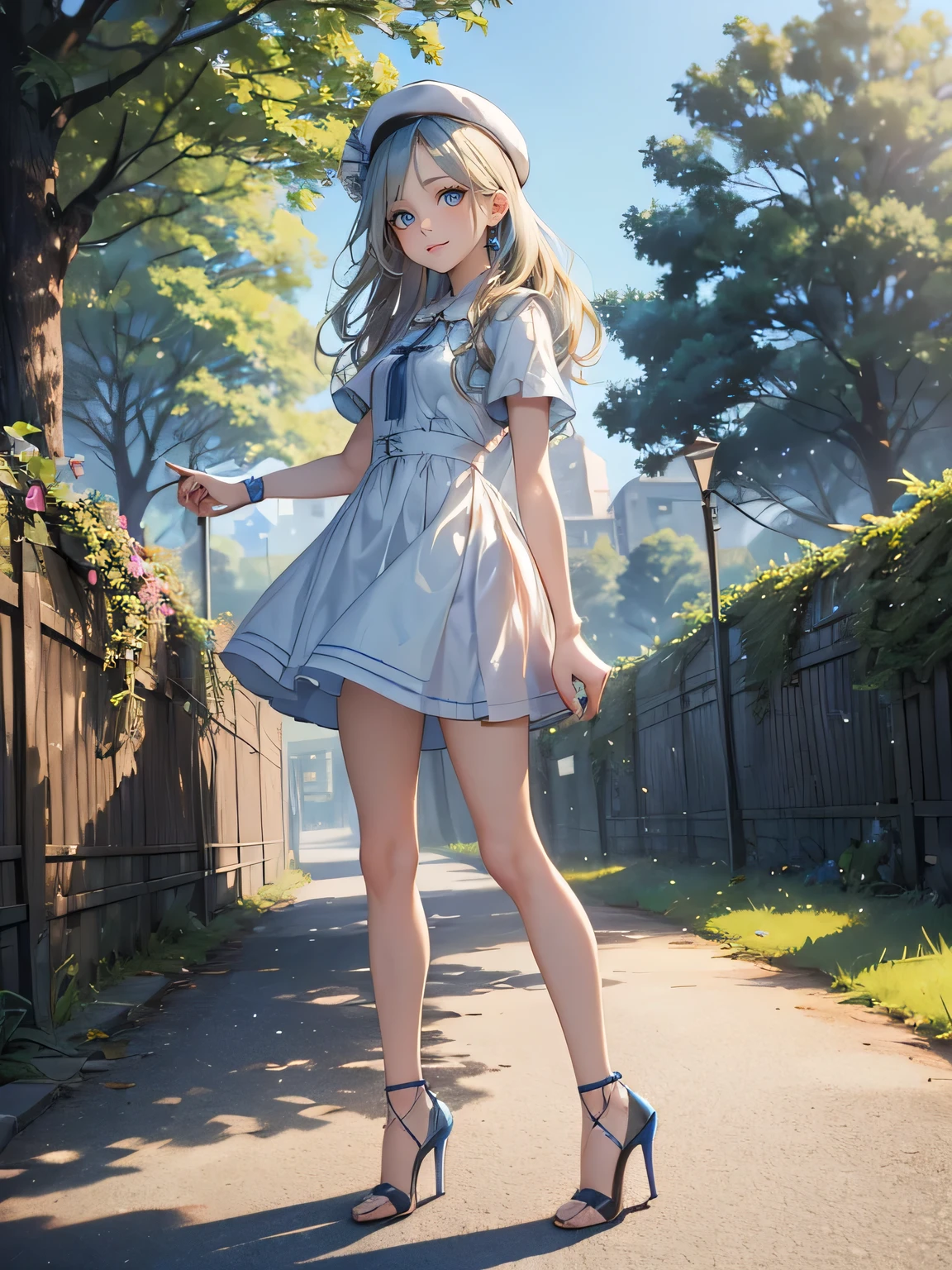 ((Biologically correct limb count)),(( From head to toe,Full-body photo including face)),4K,((Standing position)),masterpiece,((Focus on the face)),((Symmetrical facial features)),Eyes with detailed description,Beautiful woman,Great style,Beautiful arms,Beautiful legs,Beautiful Hands,(Small Ass,Thin thighs),Detailed depiction of the face,Small earrings,necklace,(dress((High heels))),((Random outdoor scenes)),(((blue blonde))),Realistic photo,beret,Looking up,Look up