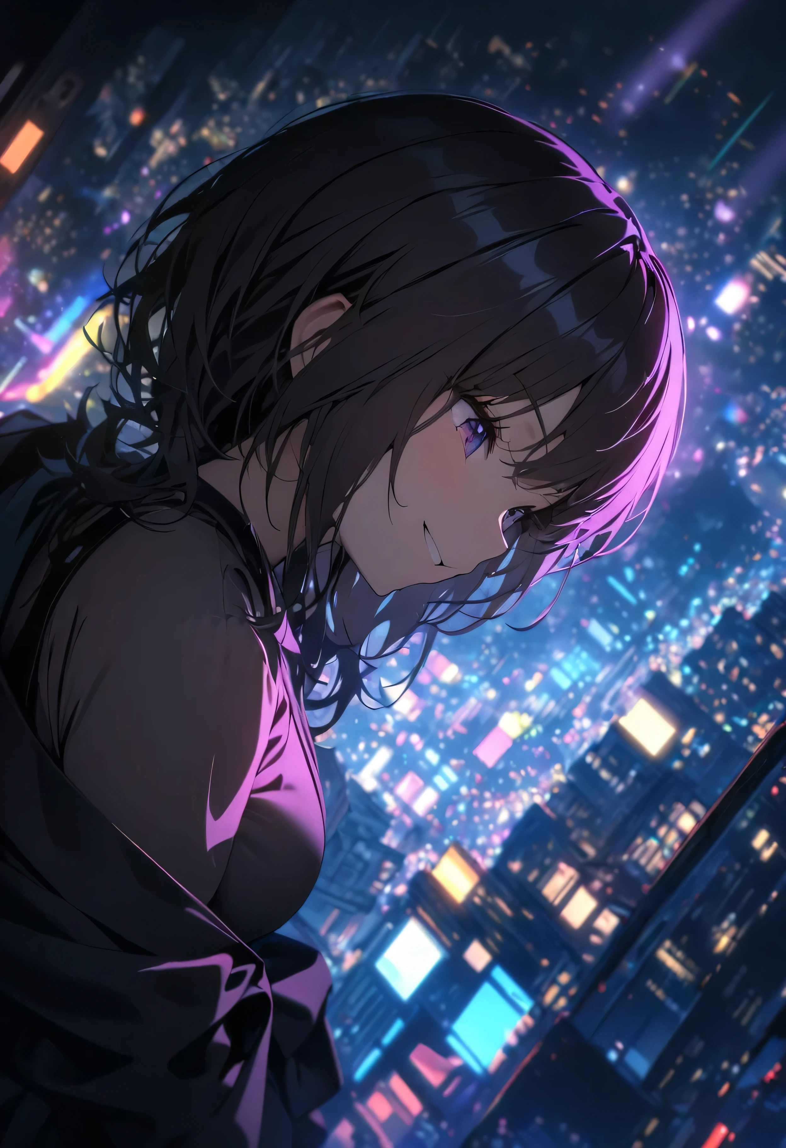 (Highest quality, masterpiece, High resolution), (High resolutionスキン: 1.2), 8K  UHD, Backlight, Background Blur, smile, One woman, (Best Shadow), Absurd, (abyss), Beautiful sparkle, Outdoor, Late Night, Blurred Light, In the dark, A glittering city, Blurred Background, Colorful light shining, Dynamic Angle