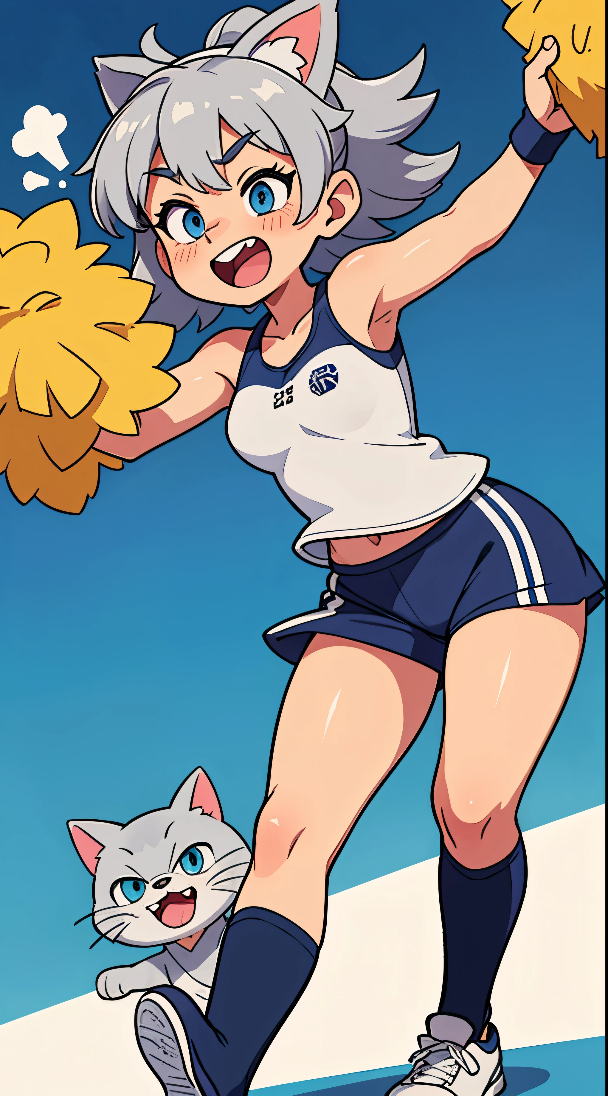 The character is simply drawn of a muller-haired gray cat ,wear sportswear cheering enthusiastically very sporty