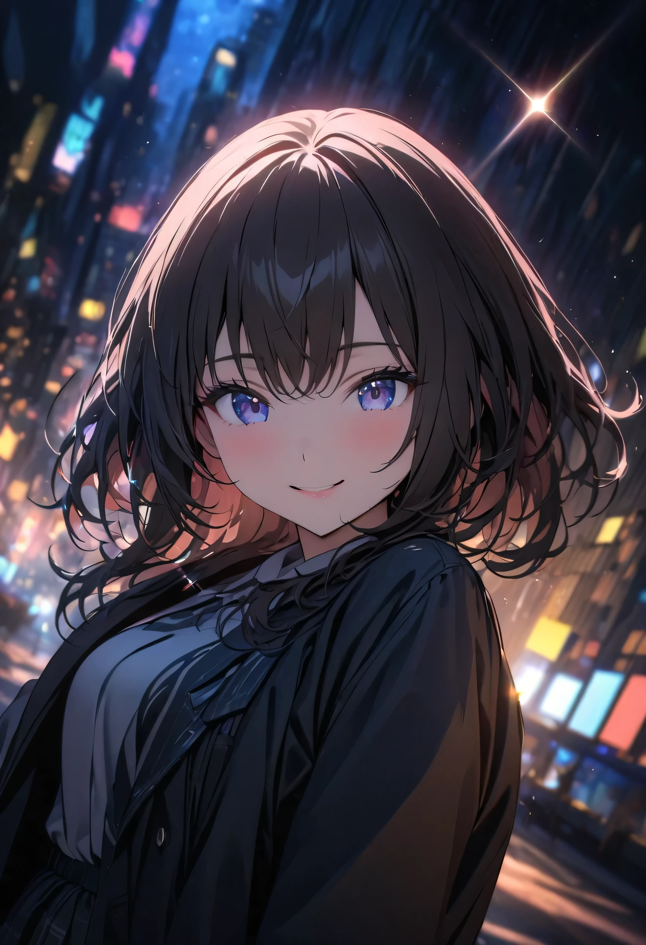 (Highest quality, masterpiece, High resolution), (High resolutionスキン: 1.2), 8K  UHD, Backlight, Background Blur, smile, One woman, (Best Shadow), Absurd, (abyss), Beautiful sparkle, Outdoor, Late Night, Blurred Light, In the dark, A glittering city, Blurred Background, Colorful light shining, Dynamic Angle