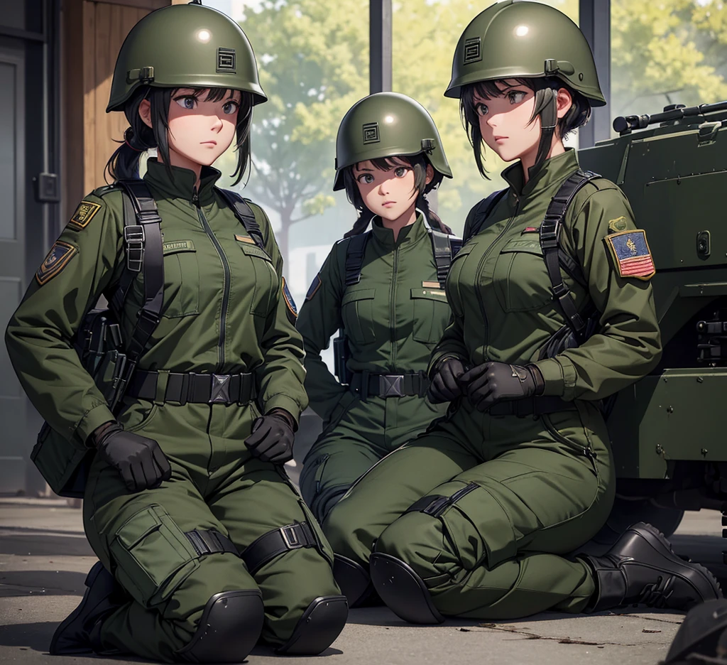 A group of female soldiers wearing dark green M-51 zippered military uniforms、Wear a steel helmet、wear gloves、Individual equipment set、Military Pants、Knee pads、Sit side by side、Write details、masterpiece、best quality、Highly detailed CG、8K picture quality