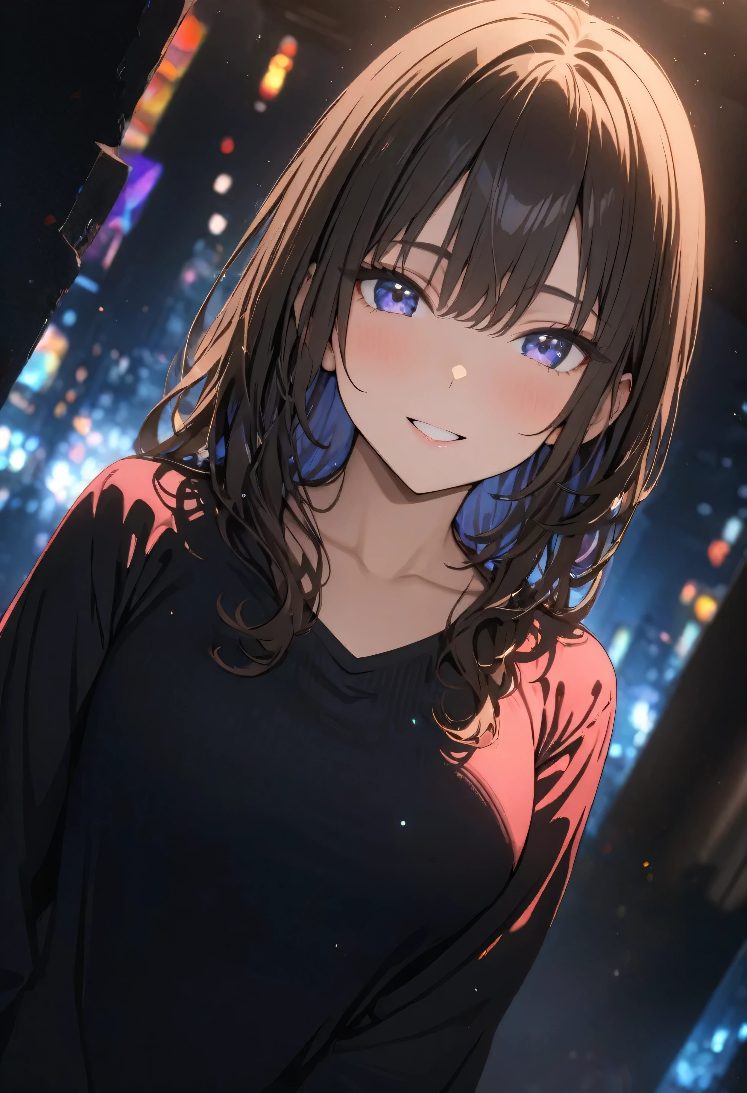 (Highest quality, masterpiece, High resolution), (High resolutionスキン: 1.2), 8K  UHD, Backlight, Background Blur, smile, One woman, (Best Shadow), Absurd, (abyss), Beautiful sparkle, Outdoor, Late Night, Blurred Light, In the dark, A glittering city, Blurred Background, Colorful light shining, Dynamic Angle