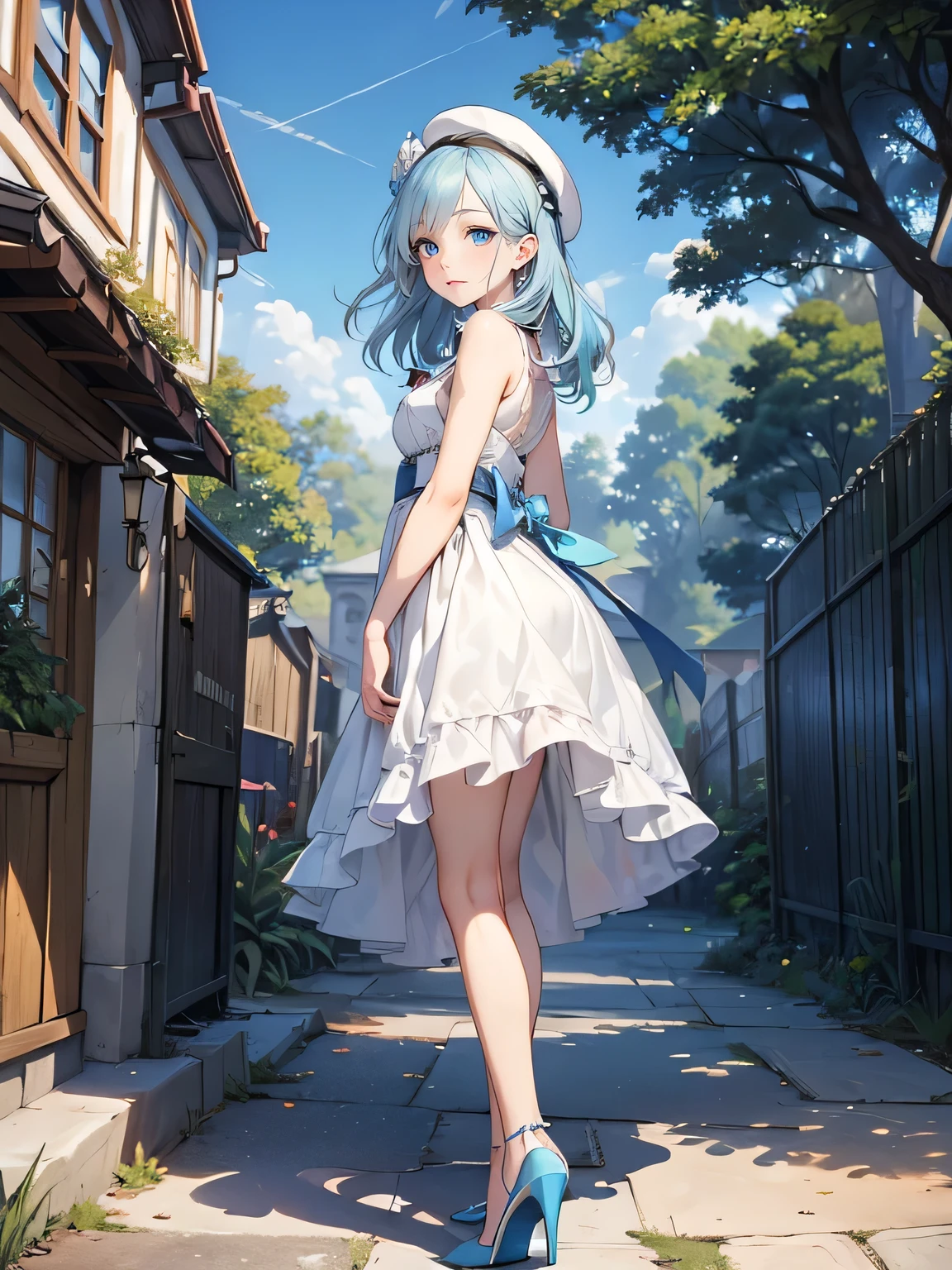 ((Biologically correct limb count)),(( From head to toe,Full-body photo including face)),4K,((Standing position)),masterpiece,((Focus on the face)),((Symmetrical facial features)),Eyes with detailed description,Beautiful woman,Great style,Beautiful arms,Beautiful legs,Beautiful Hands,(Small Ass,Thin thighs),Detailed depiction of the face,Small earrings,necklace,(dress((High heels))),((Random outdoor scenes)),(((blue blonde))),Realistic photo,beret,Looking up,Look up