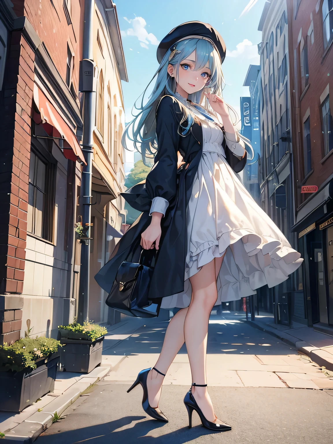 ((Biologically correct limb count)),(( From head to toe,Full-body photo including face)),4K,((Standing position)),masterpiece,((Focus on the face)),((Symmetrical facial features)),Eyes with detailed description,Beautiful woman,Great style,Beautiful arms,Beautiful legs,Beautiful Hands,(Small Ass,Thin thighs),Detailed depiction of the face,Small earrings,necklace,(dress((High heels))),((Random outdoor scenes)),(((blue blonde))),Realistic photo,beret,Looking up,Look up
