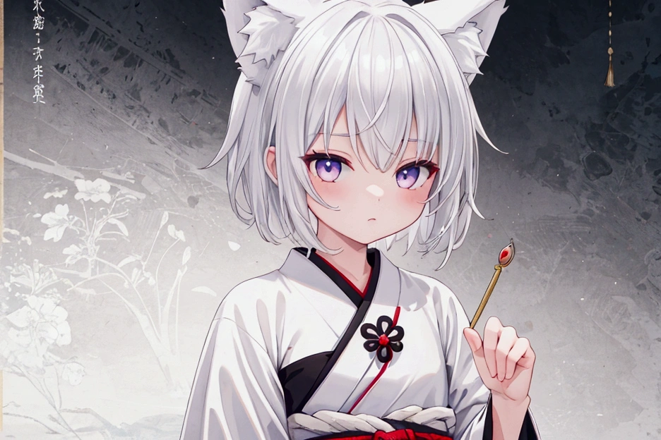 ((Highest quality)), ((masterpiece)), (detailed), girl, cute Five fingers Small wolf ears White short hair petite Normal chest first round White samurai